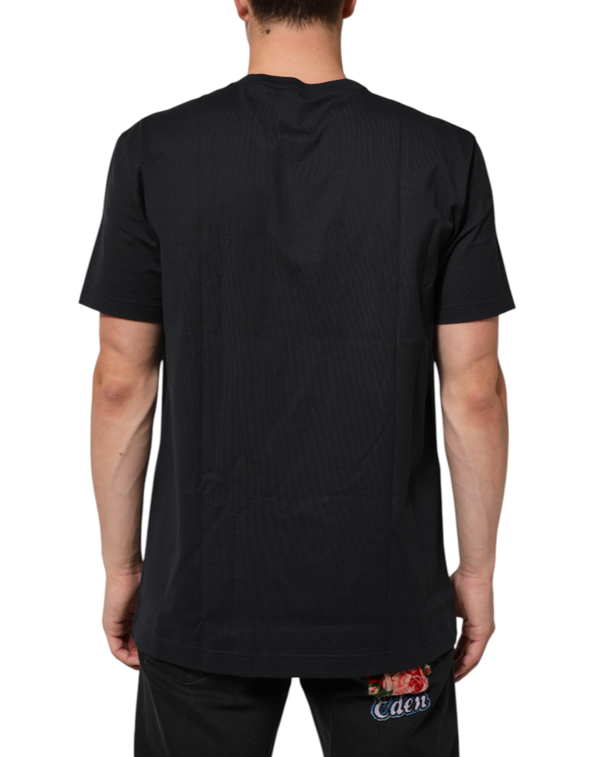 Man wearing dark blue t-shirt