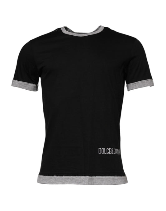 Black short sleeve t-shirt with gray stripes on sleeves