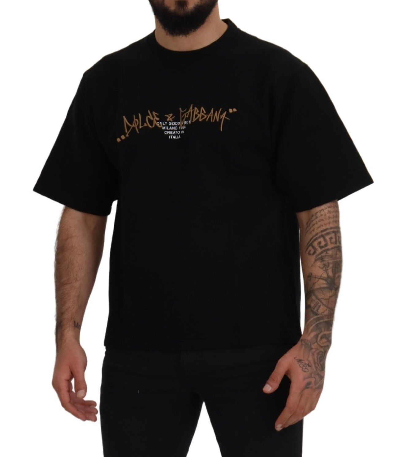 Black t-shirt with gold lettering
