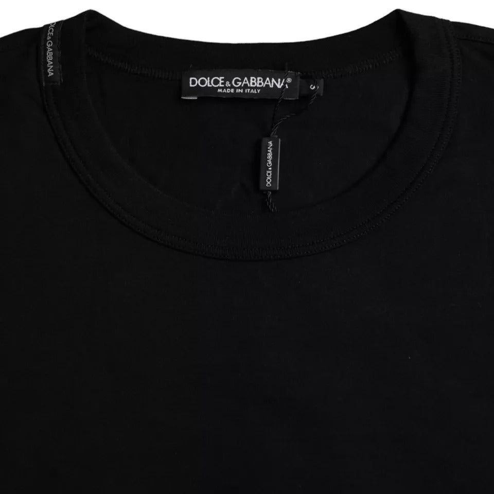Black t-shirt with white logo tag