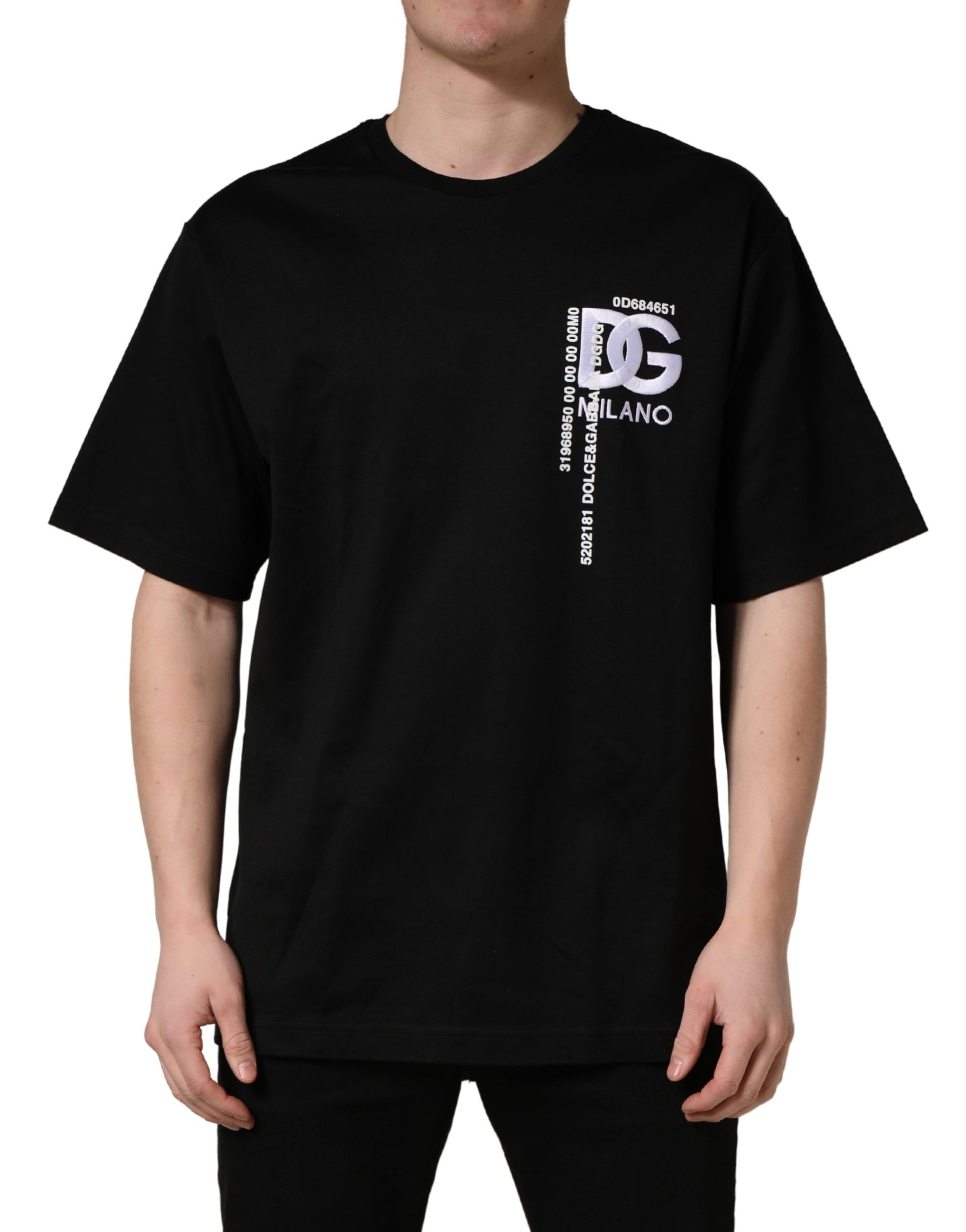Black t-shirt with white graphic on front