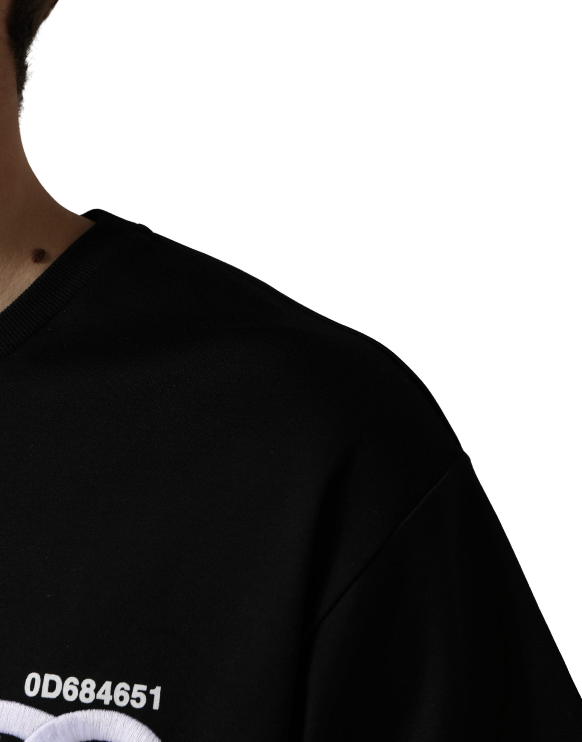 Black sweatshirt with white text and number on front