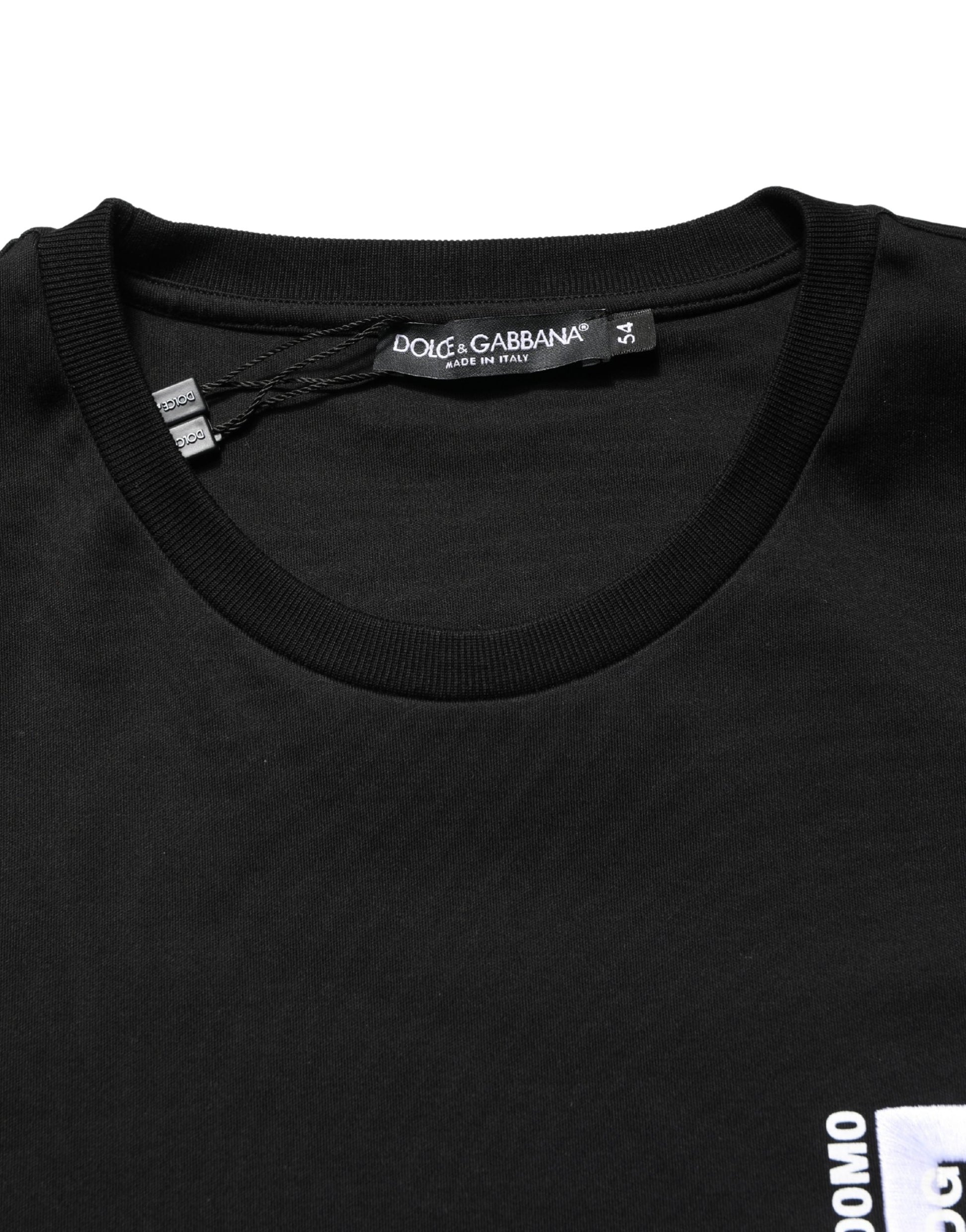Black t-shirt with white logo on front