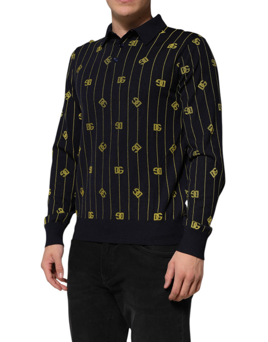 Man wearing a blue sweater with yellow diamond pattern