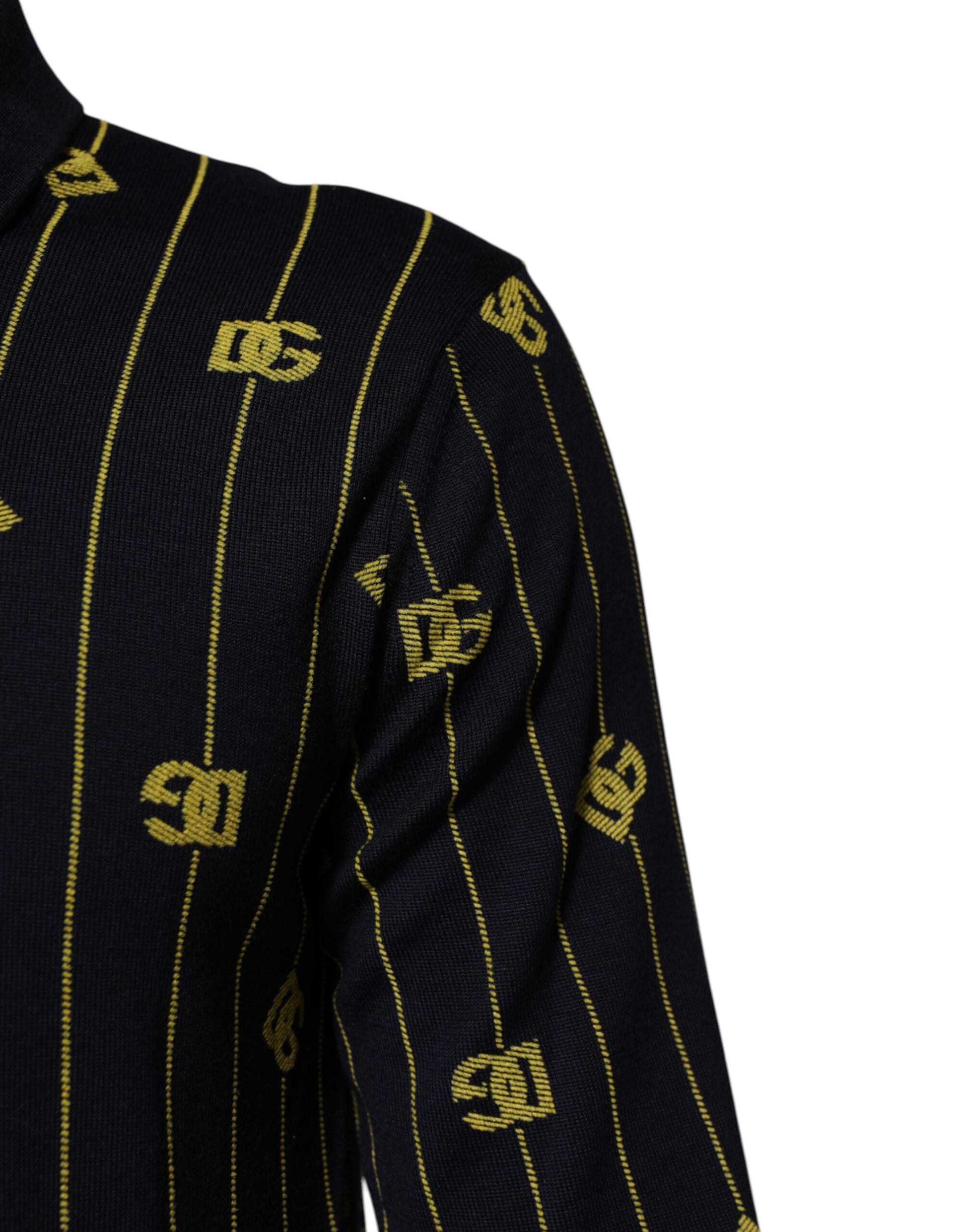 Black sweater with yellow stripes and gold lettering
