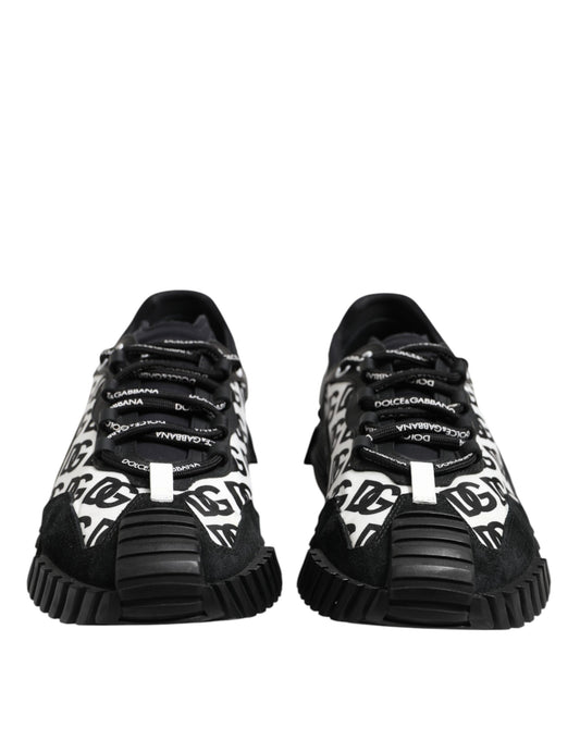 Pair of black and white sneakers with laces