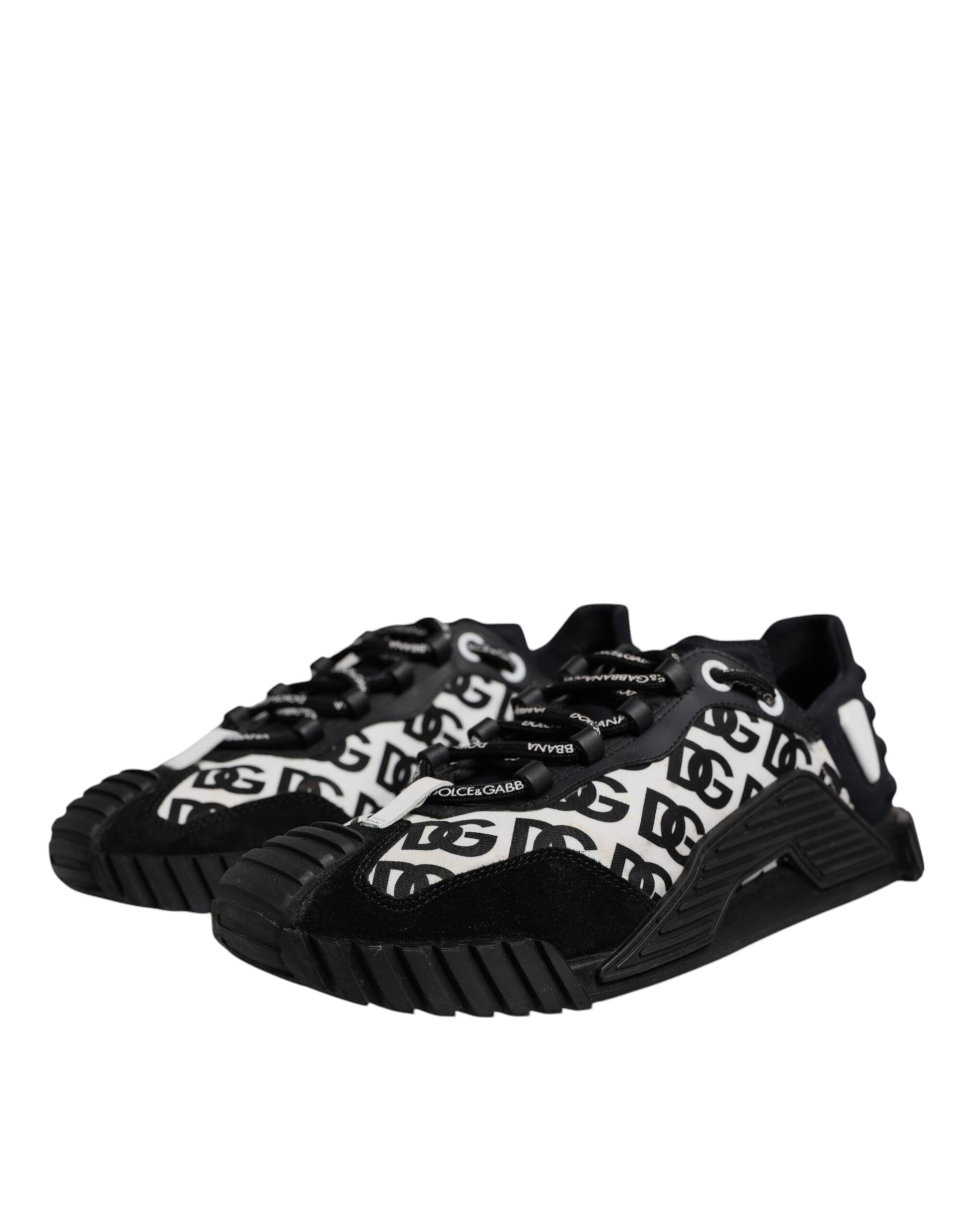 Pair of black and white athletic shoes with a patterned design on the side