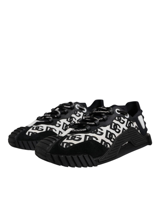 Pair of black and white athletic shoes with a patterned design on the side