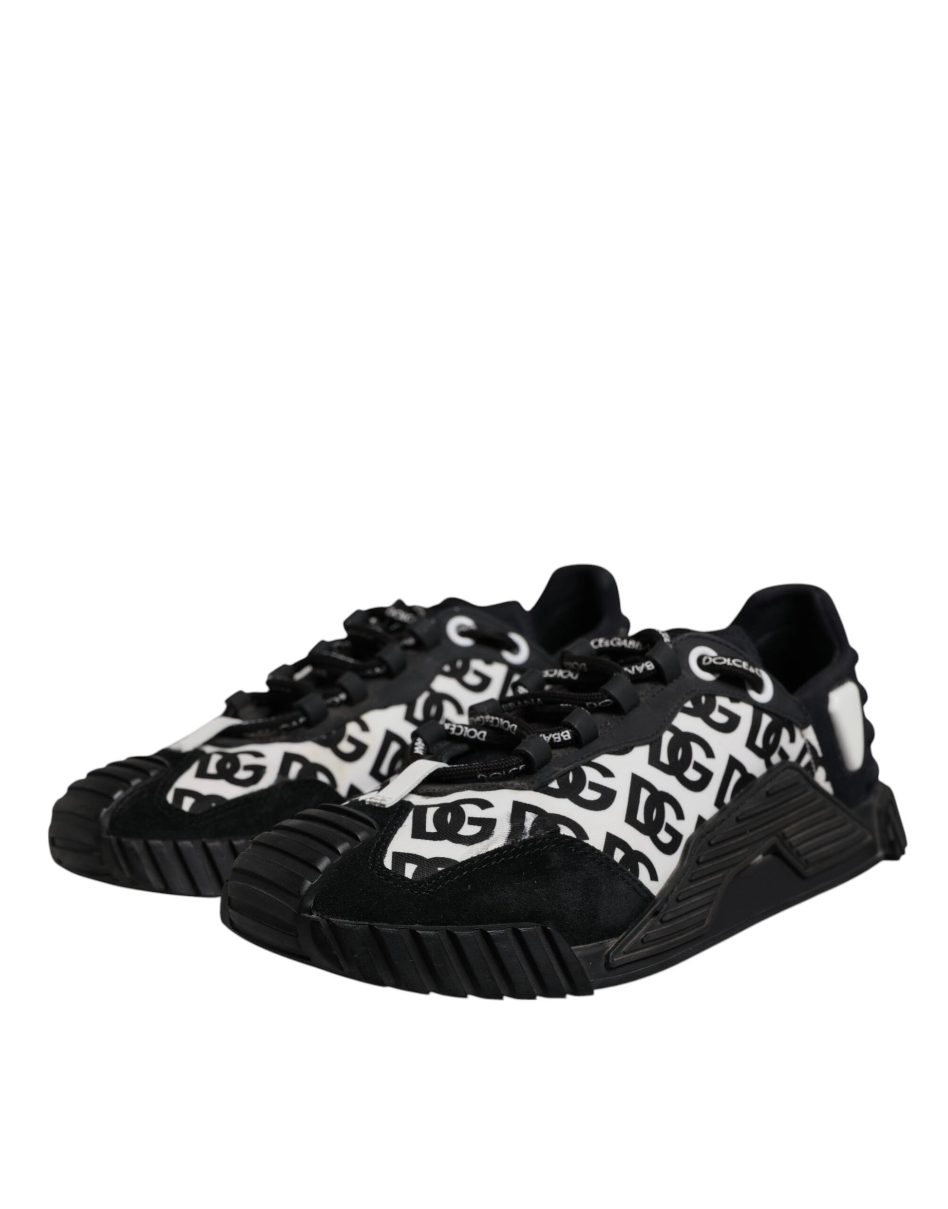 Black and white athletic shoe with logo on side