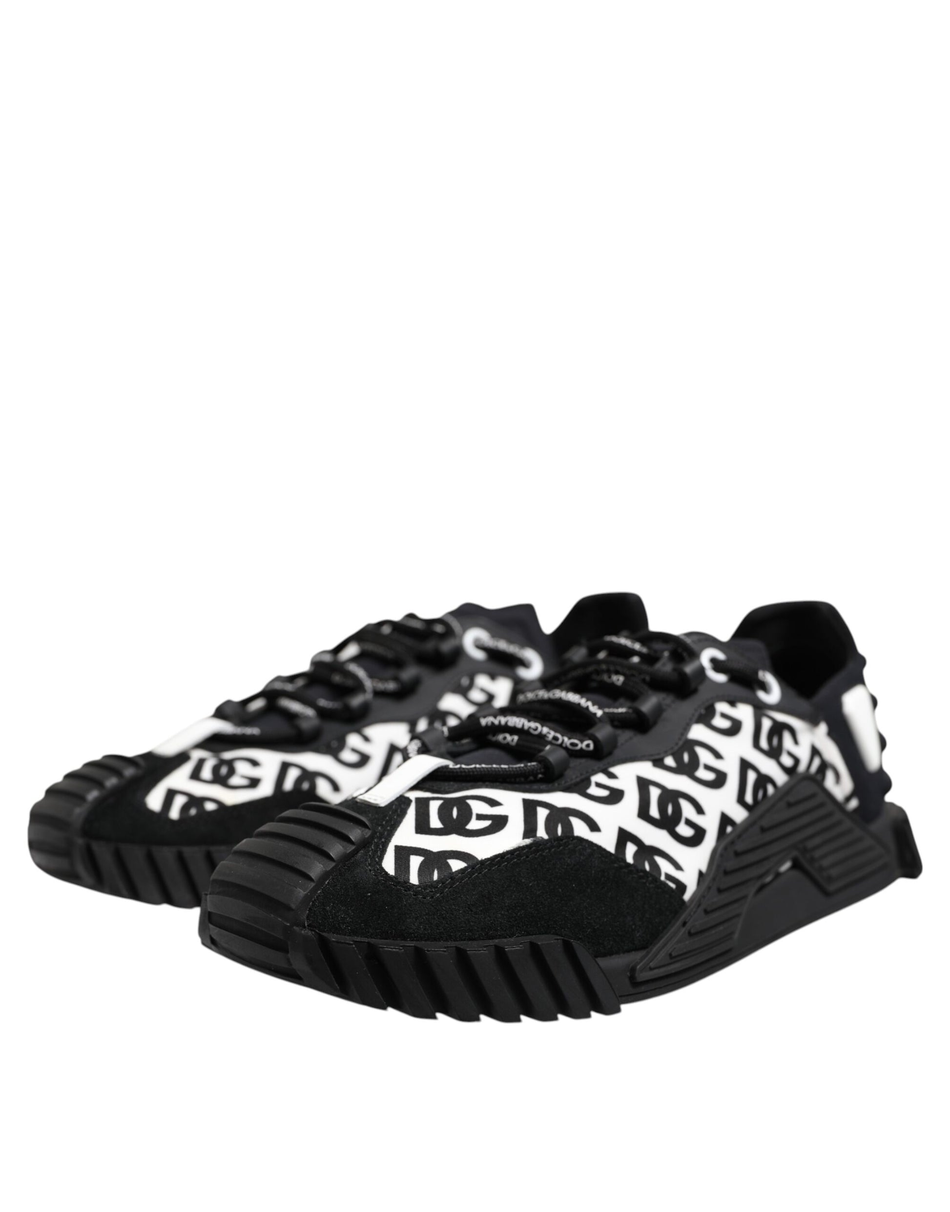 Pair of black and white sneakers with a logo on the side
