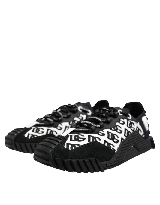 Pair of black and white sneakers with a logo on the side