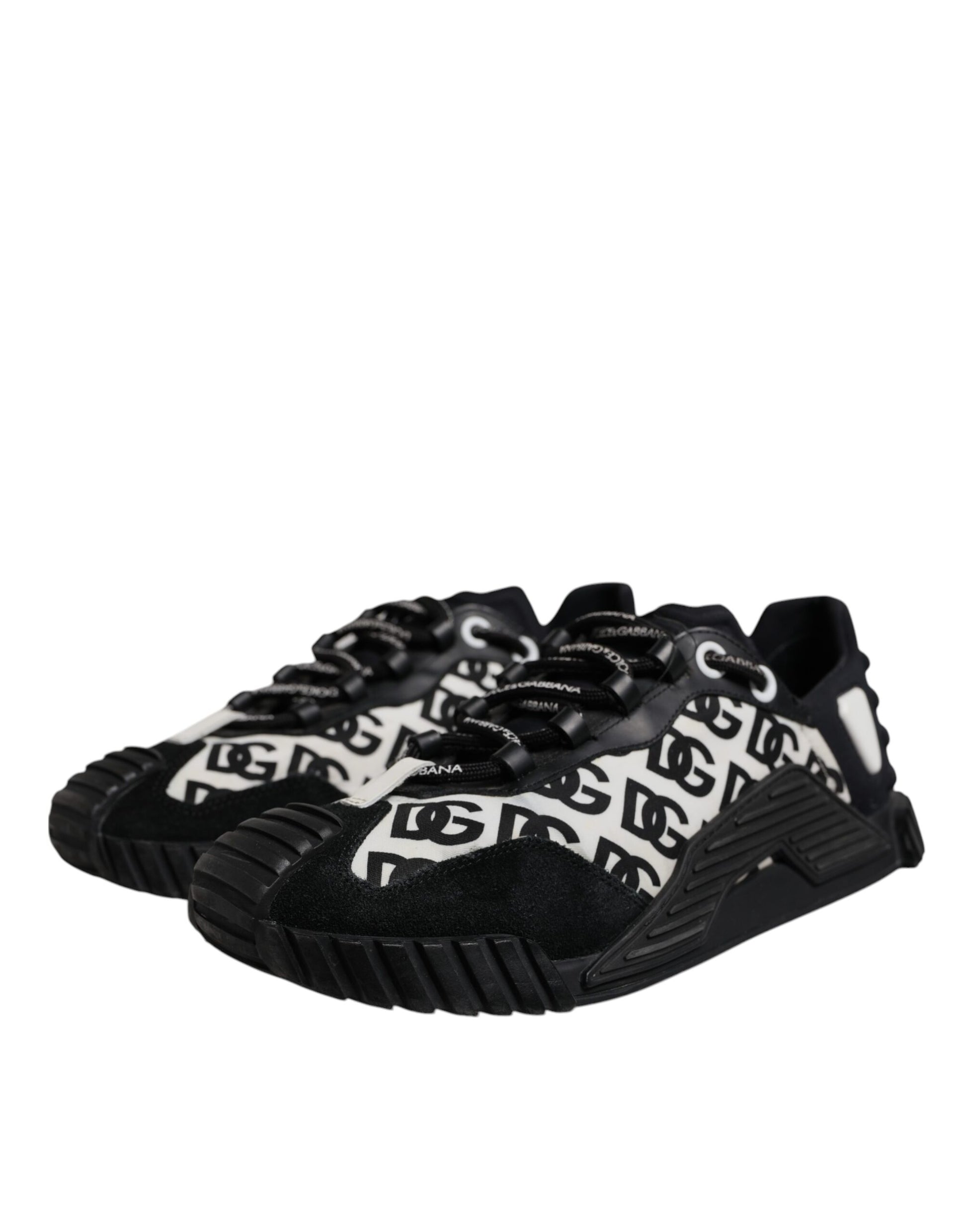 Pair of black and white sneakers with a patterned design on the side