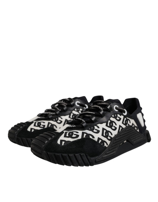 Pair of black and white sneakers with a patterned design on the side