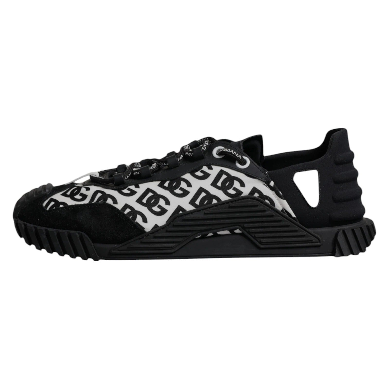 A pair of black lace-up sneakers with a white logo pattern on the side