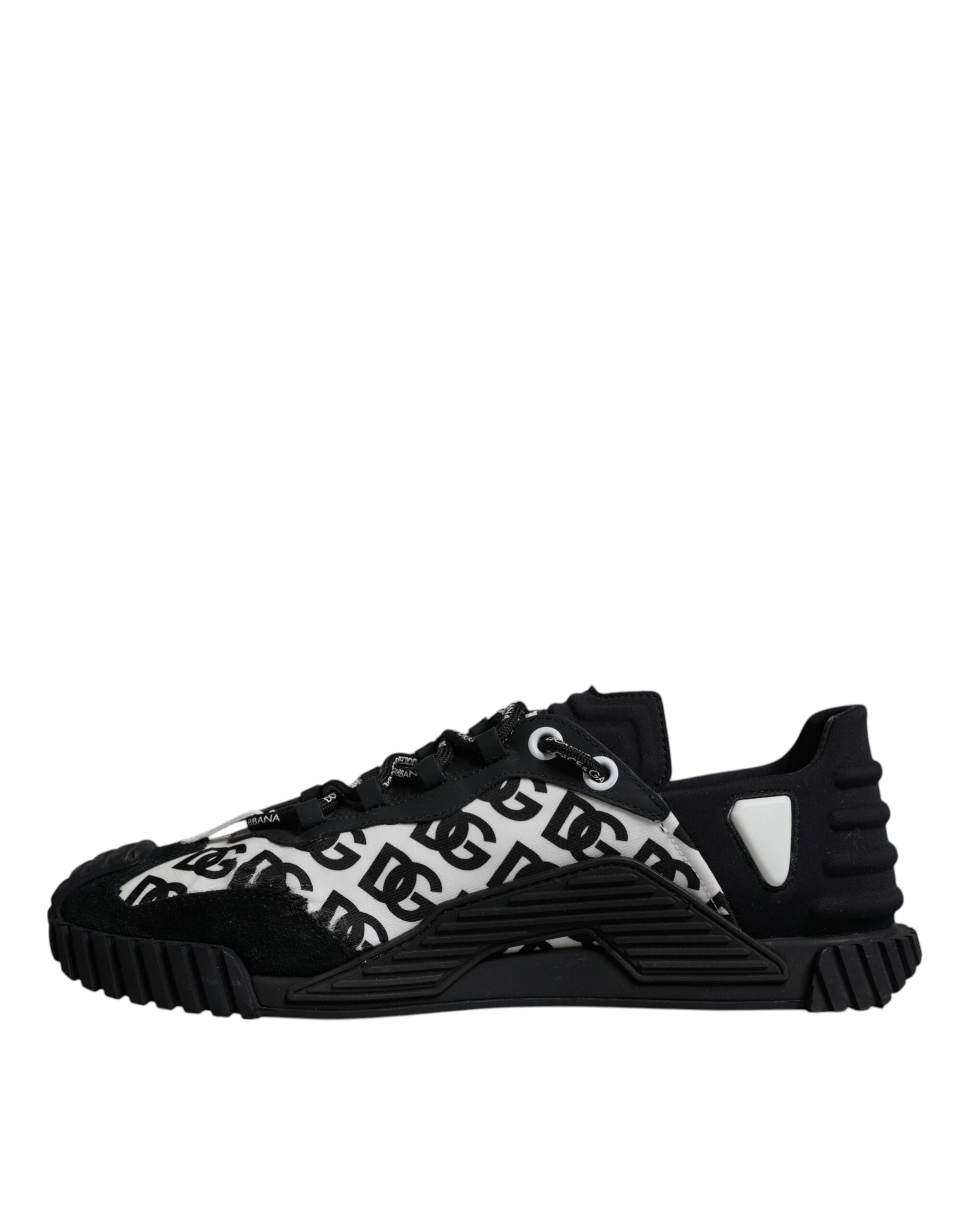 A pair of black lace-up sneakers with a logo design on the side