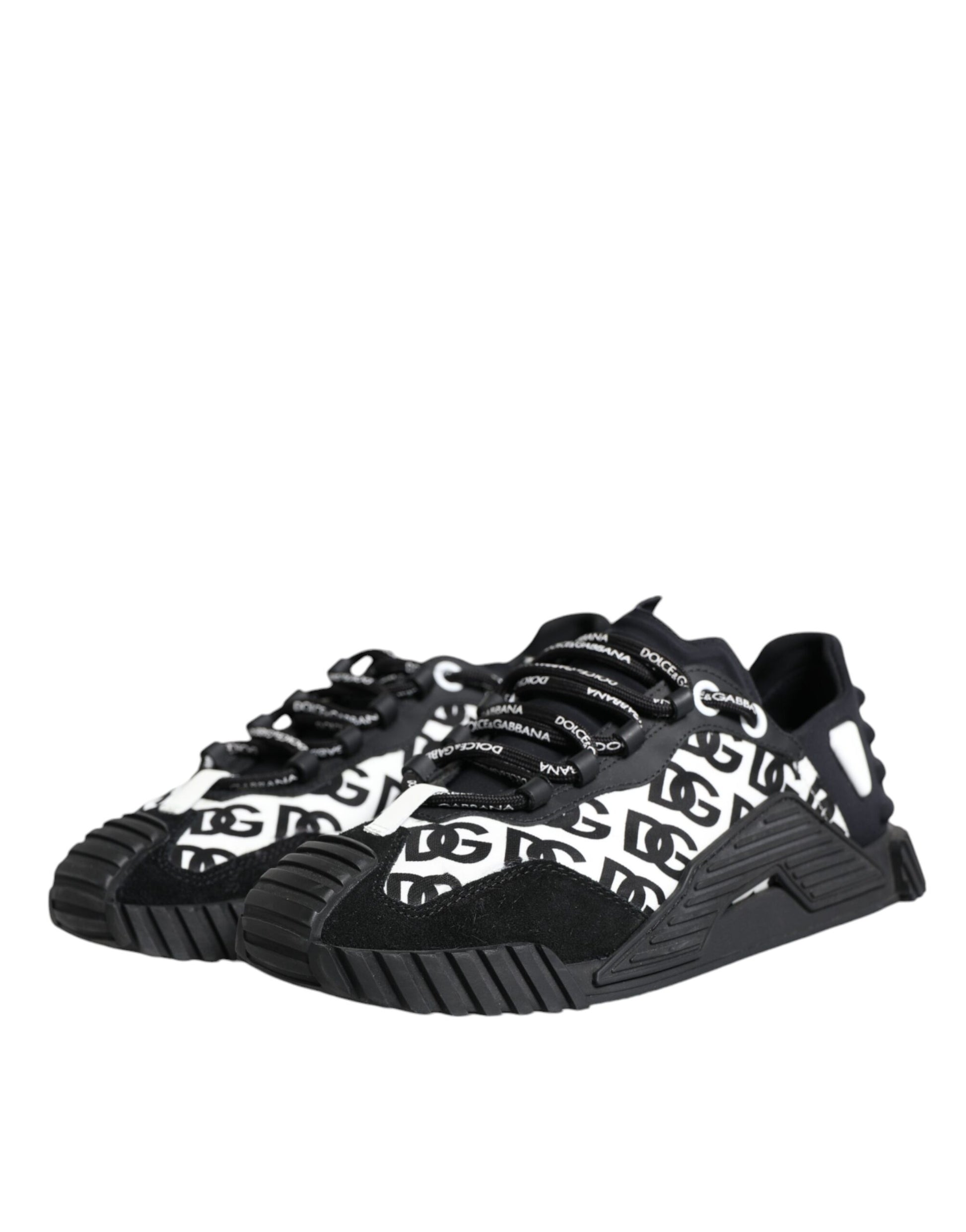 A pair of black lace-up sneakers with white logo detailing