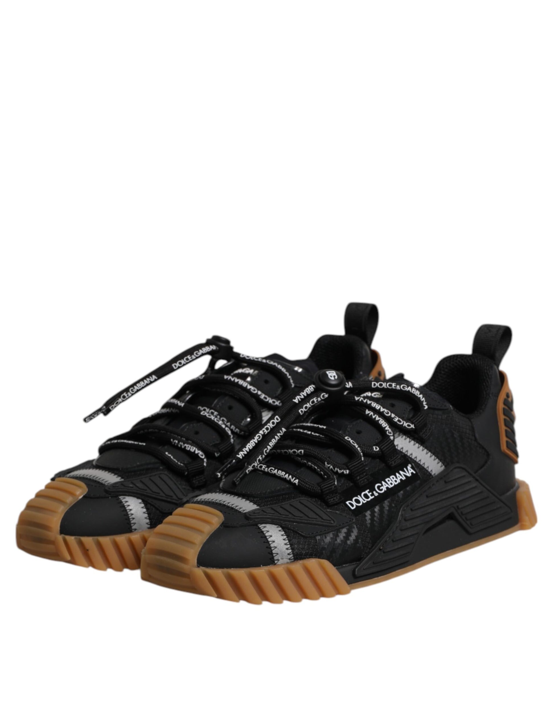 Black lace-up sneakers with white logo, brown sole and black laces
