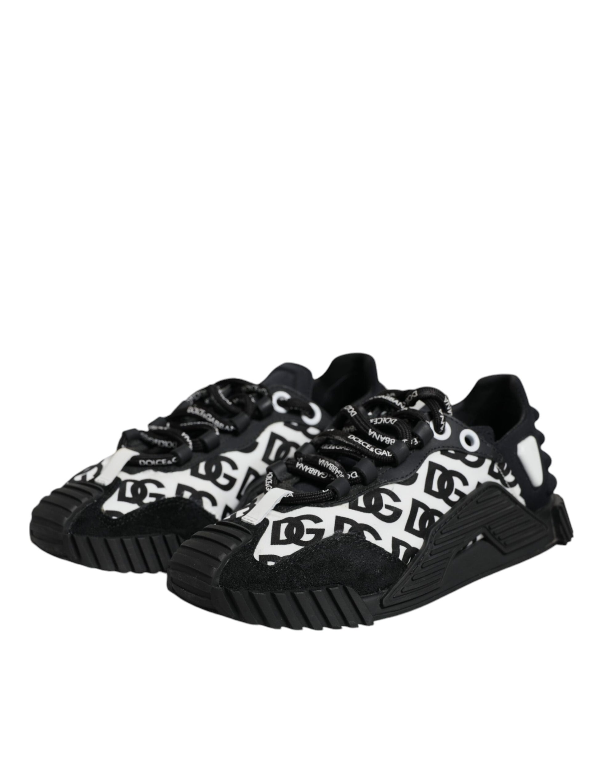 A pair of black lace-up sneakers with white logo print and a chunky sole
