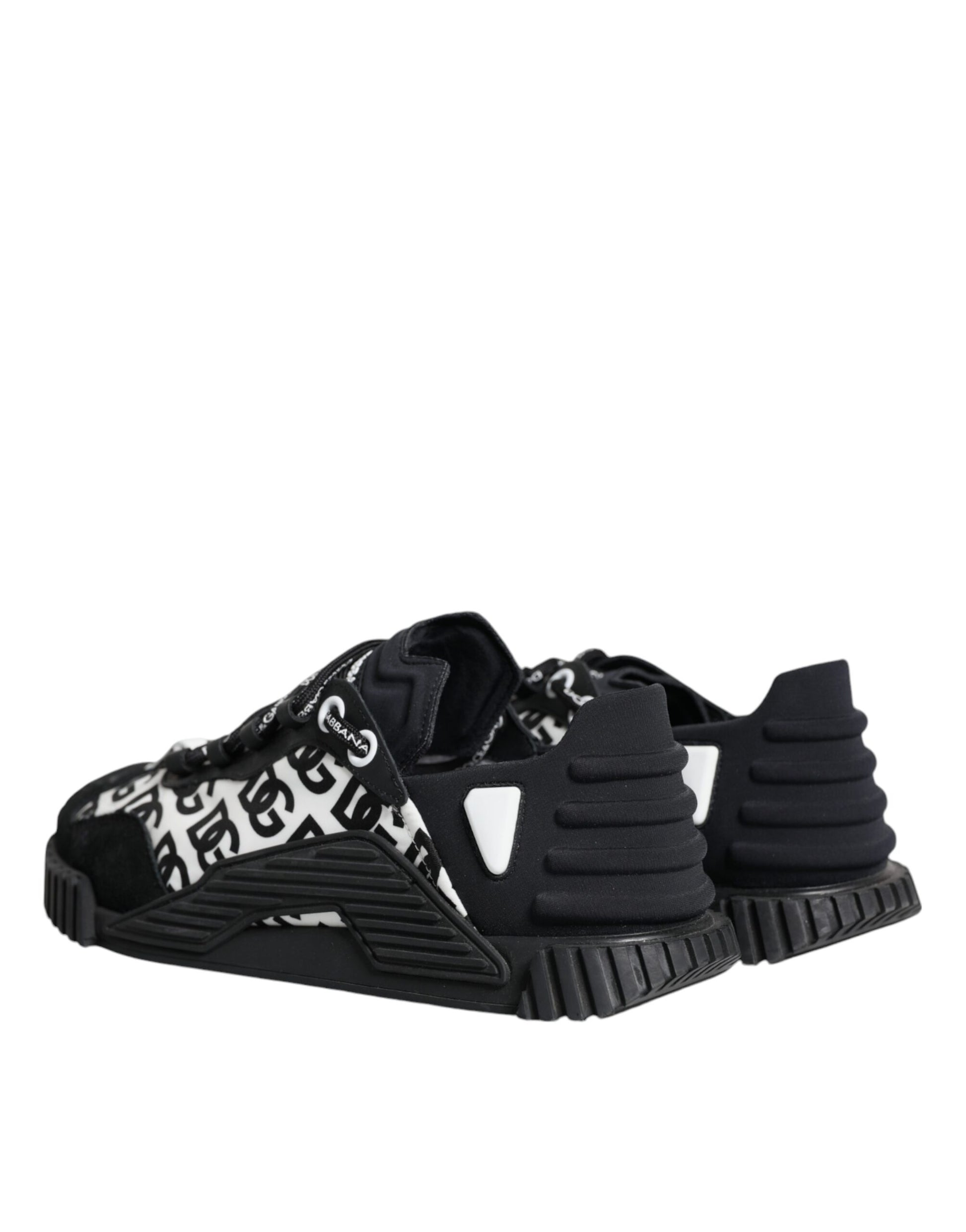 A pair of black lace-up sneakers with a logo on the side