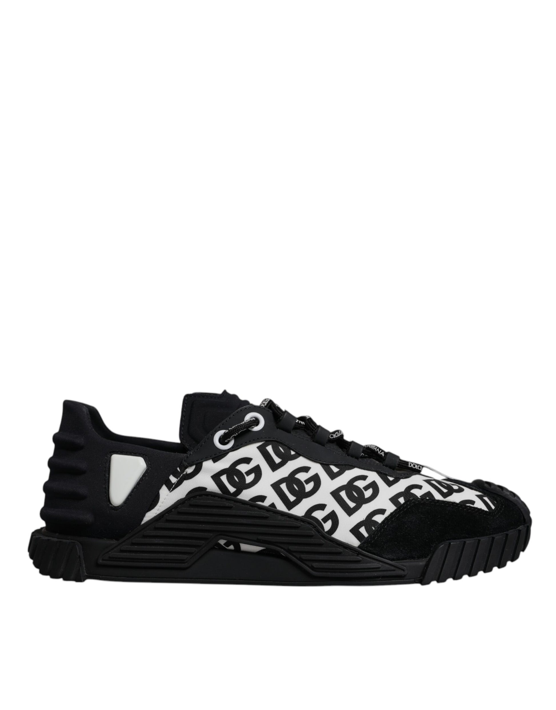 Black lace-up sneakers with white logo print and textured side panels