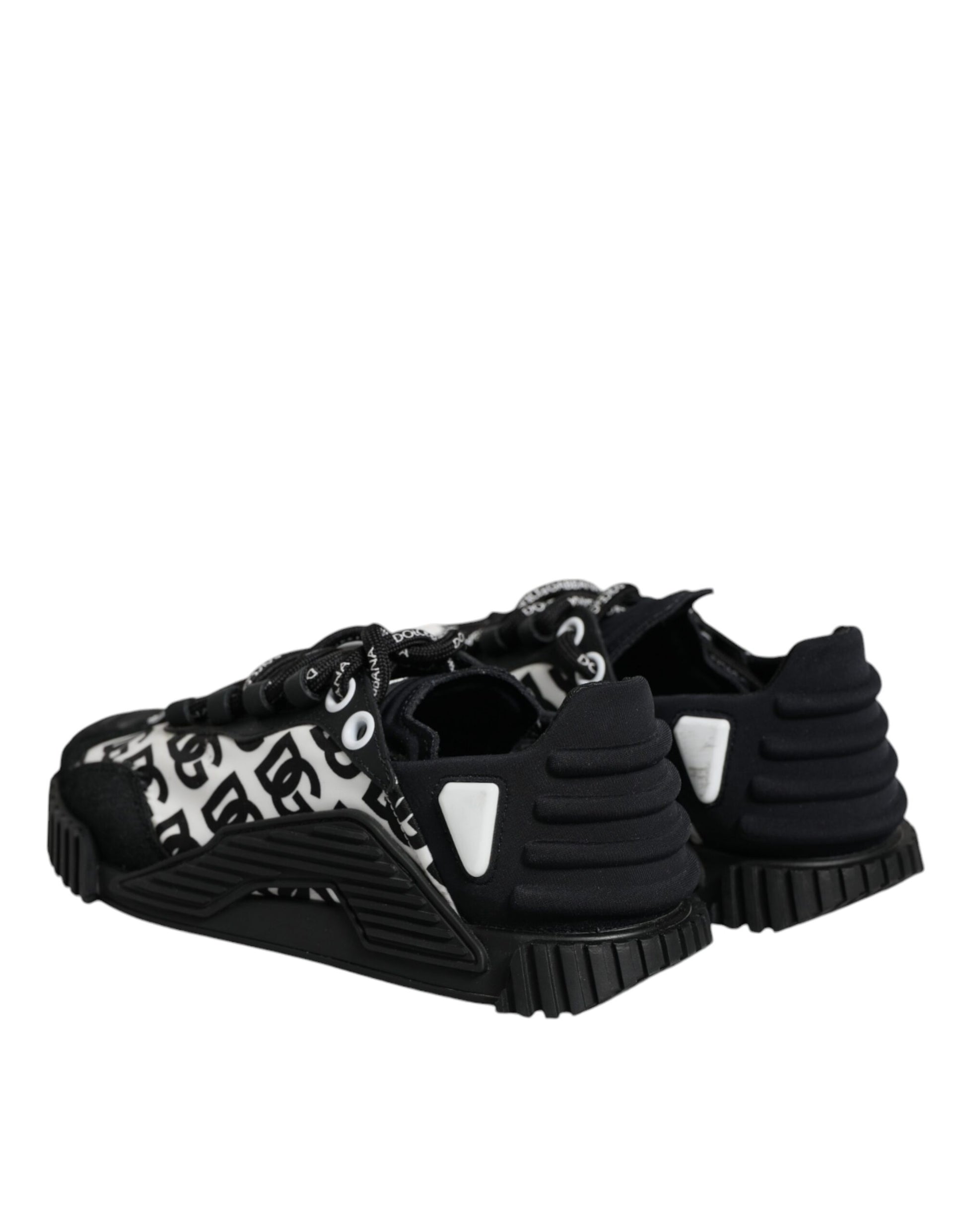 A pair of black lace-up sneakers with white logo detailing