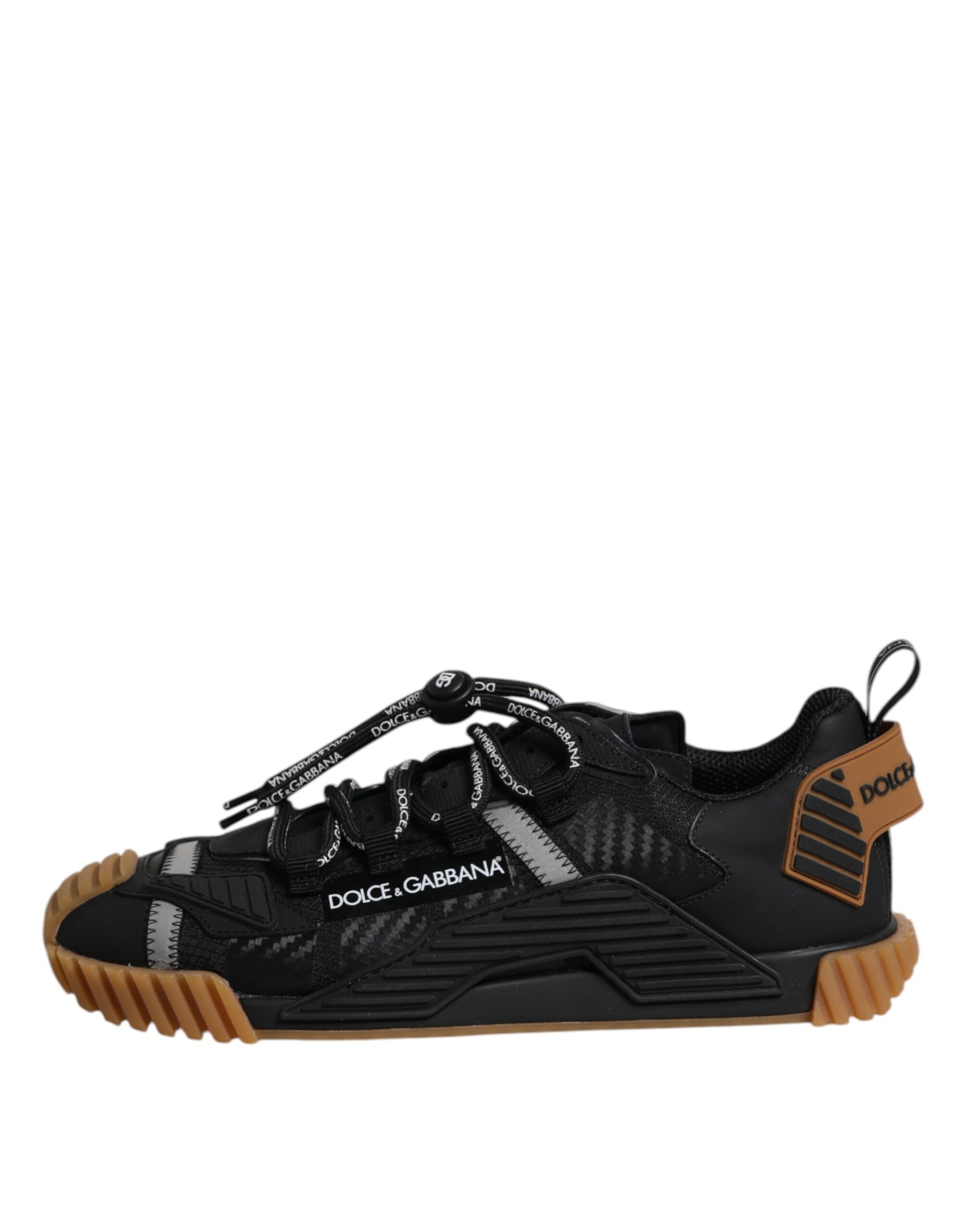 Black lace-up sneakers with white logo, featuring a low top and orange accents