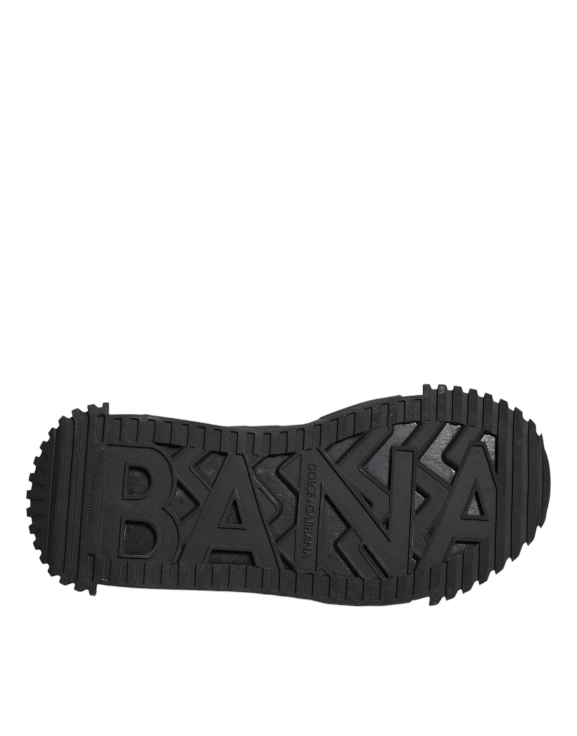 A black lace-up shoe with a logo on the side