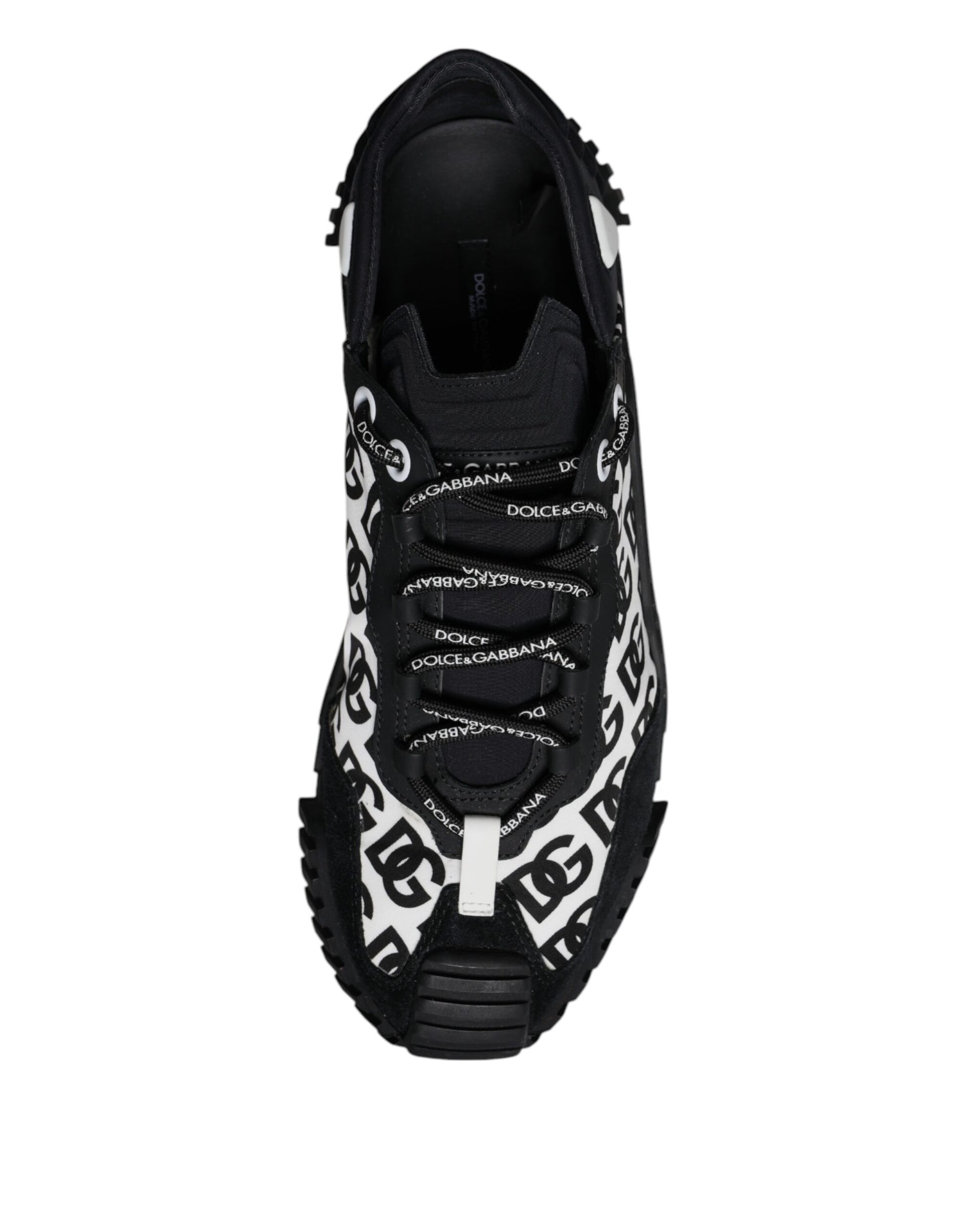A pair of black lace-up sneakers with white logo detailing