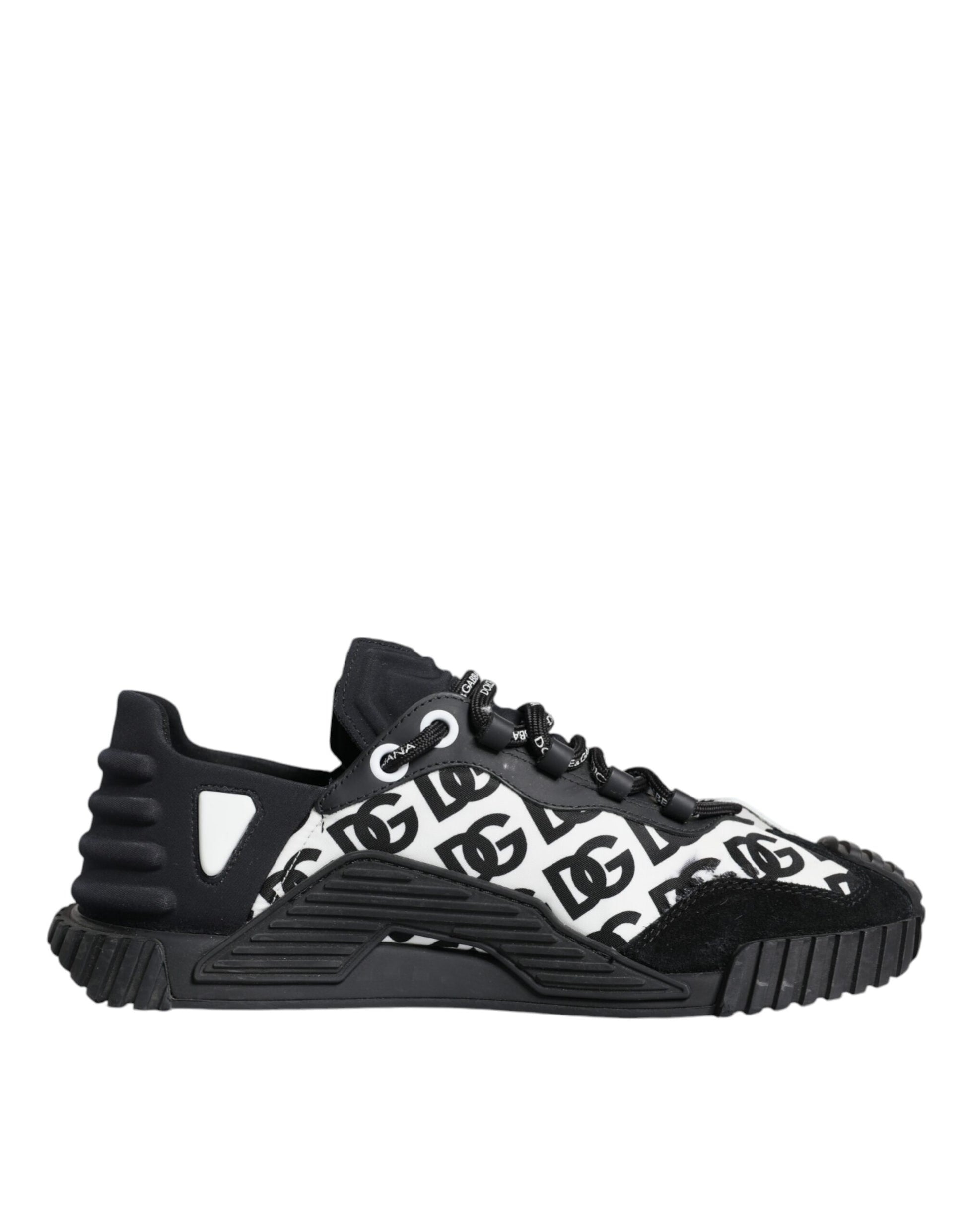 Black lace-up sneakers with logo pattern on side and sole