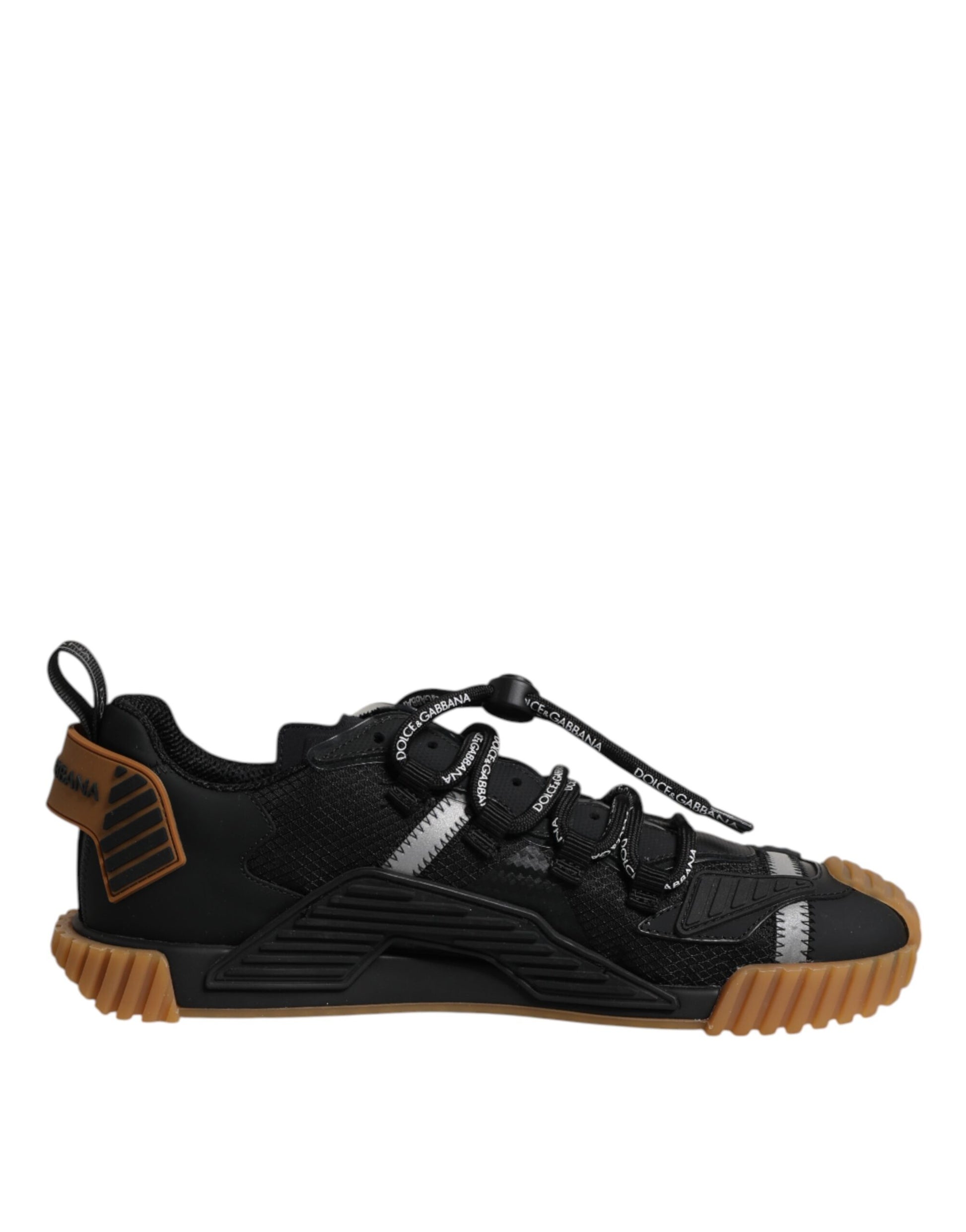 A pair of black lace-up sneakers with a logo on the side