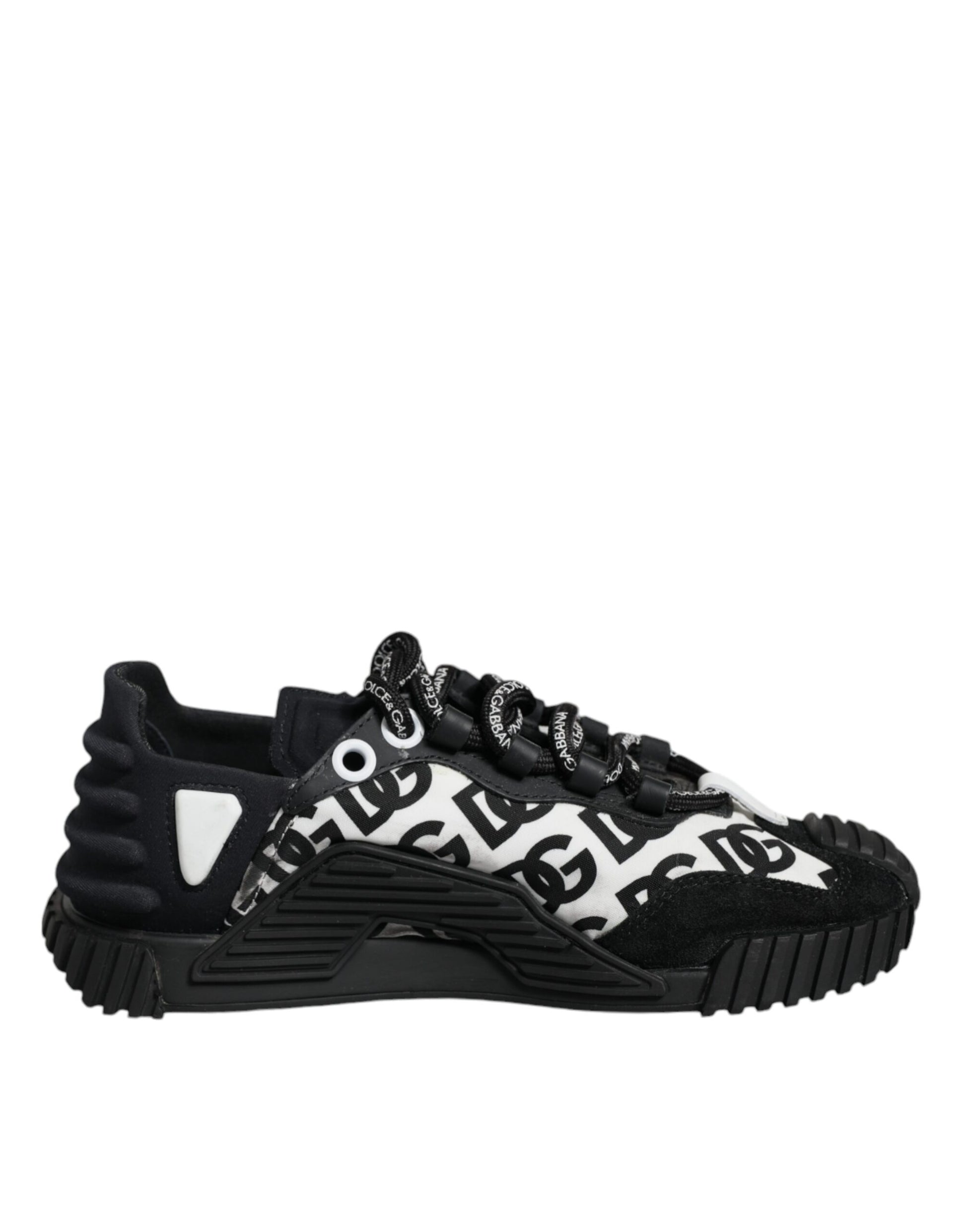 A pair of black lace-up sneakers with white and gold logo details