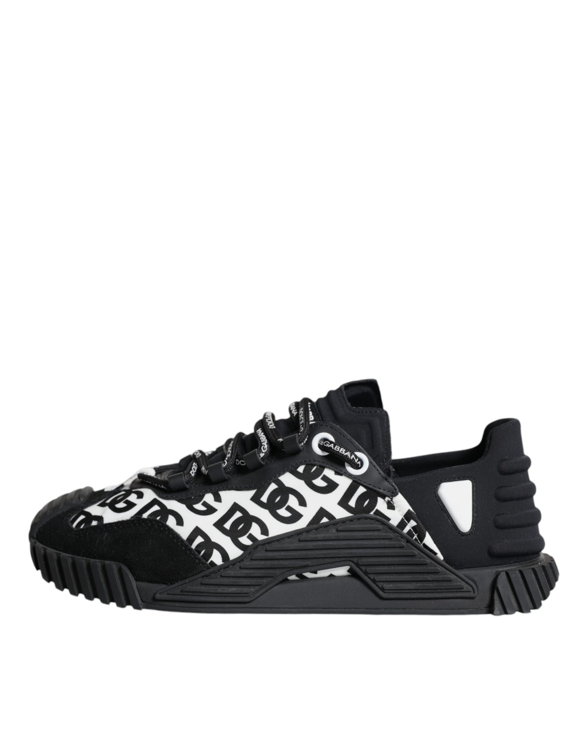 A pair of black lace-up sneakers with a white logo design