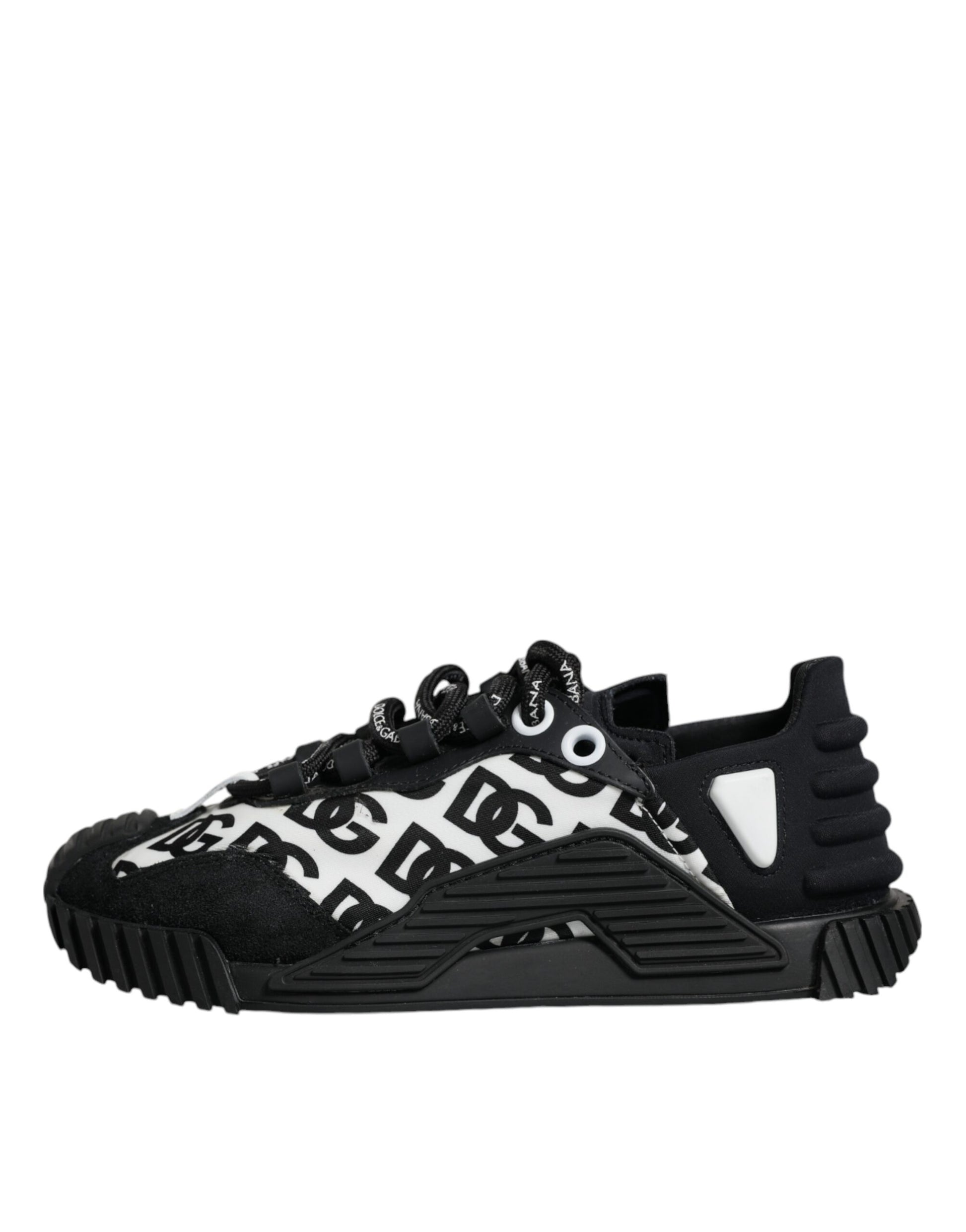 A pair of black lace-up sneakers with white logo detailing