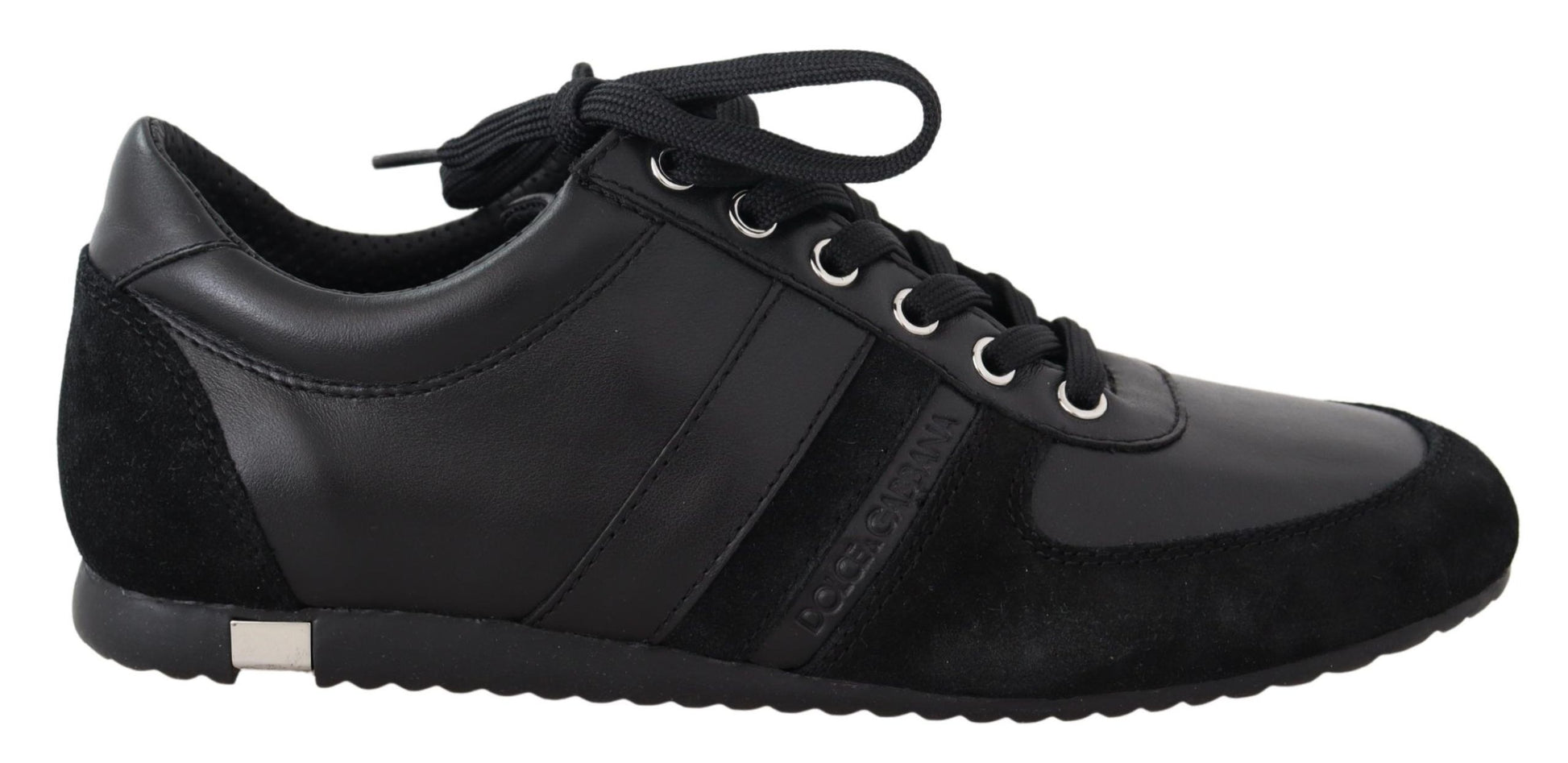 Black leather sneakers with white laces and silver accents