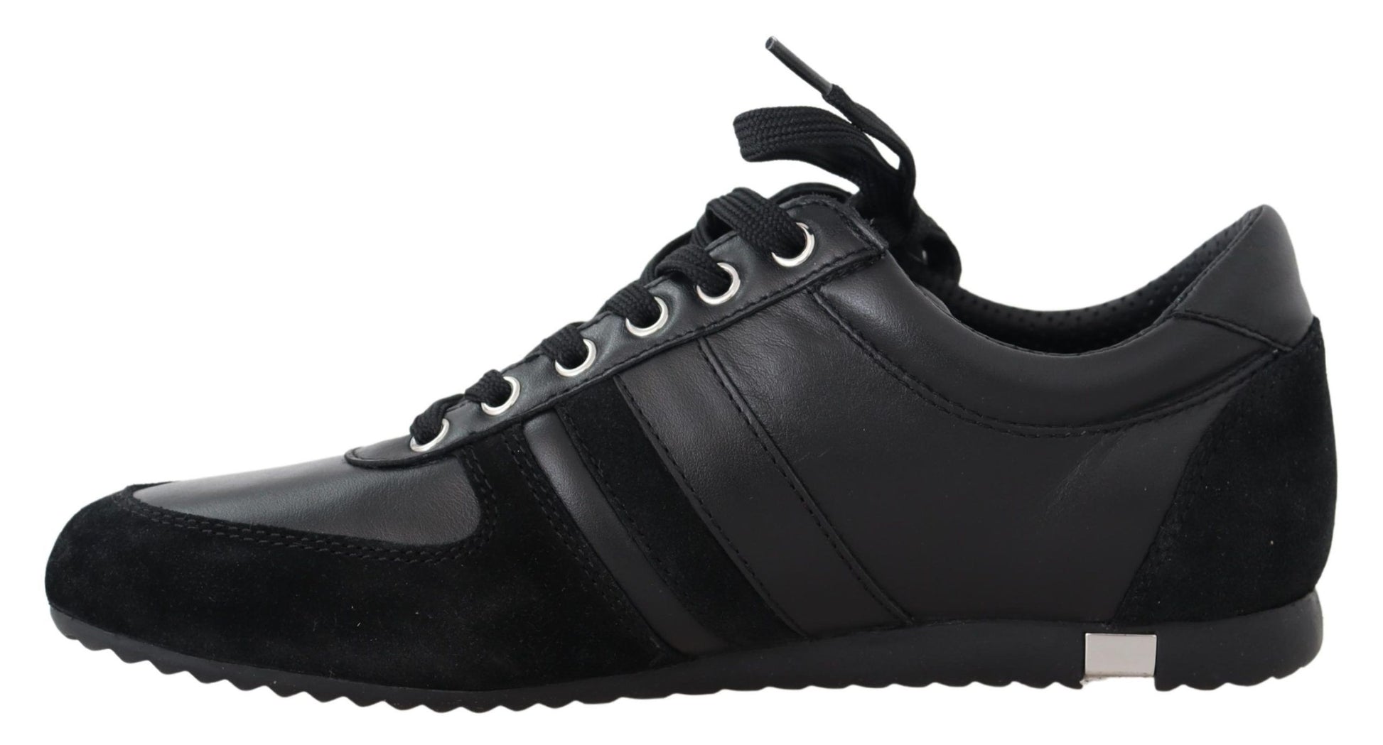 Black athletic shoe with white laces and a white logo on the side