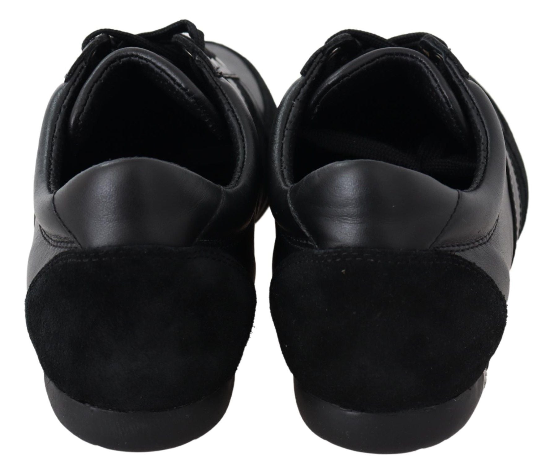 Pair of black dress shoes with velvet laces and a smooth toe cap
