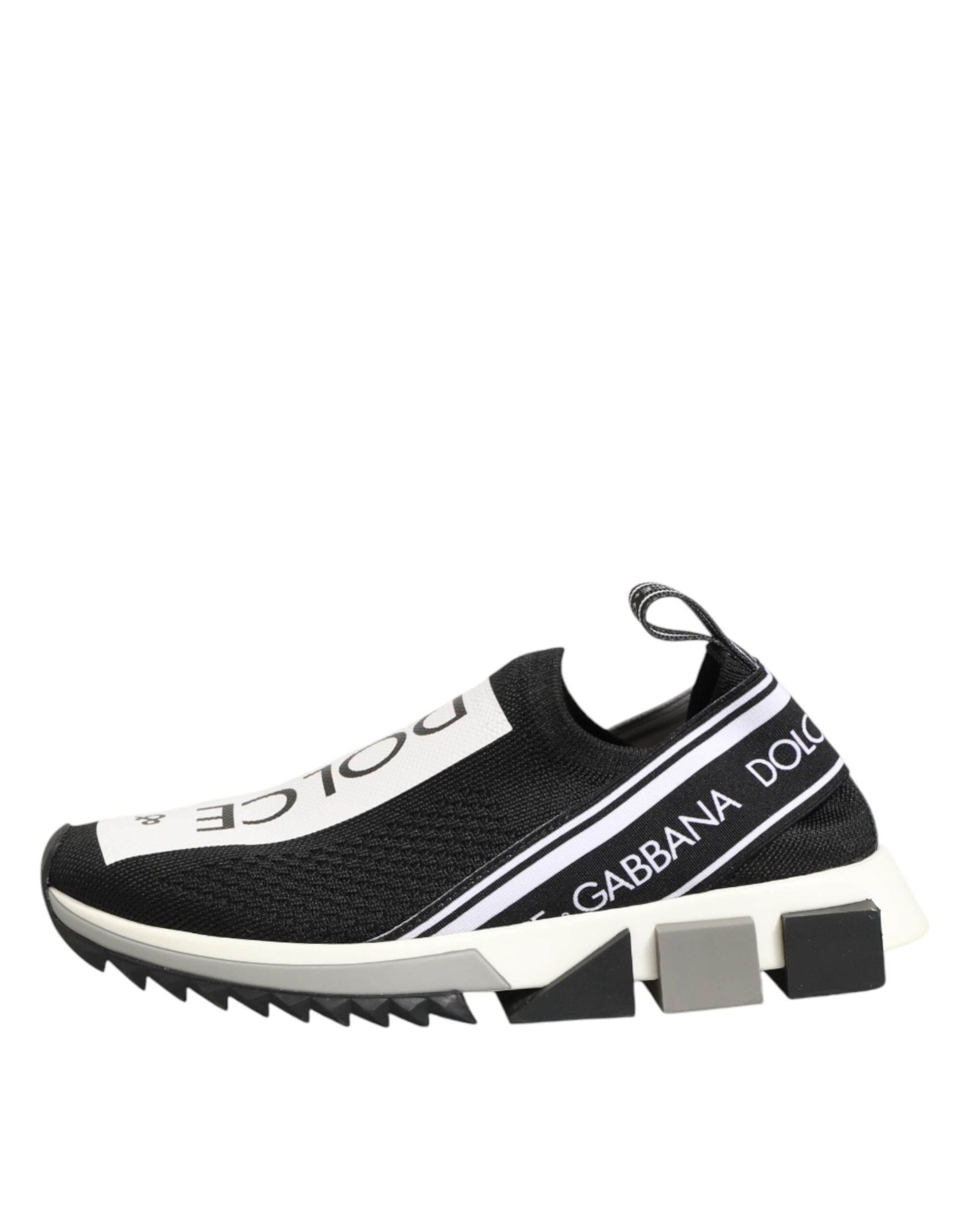 Black and white sneaker with brand name on side