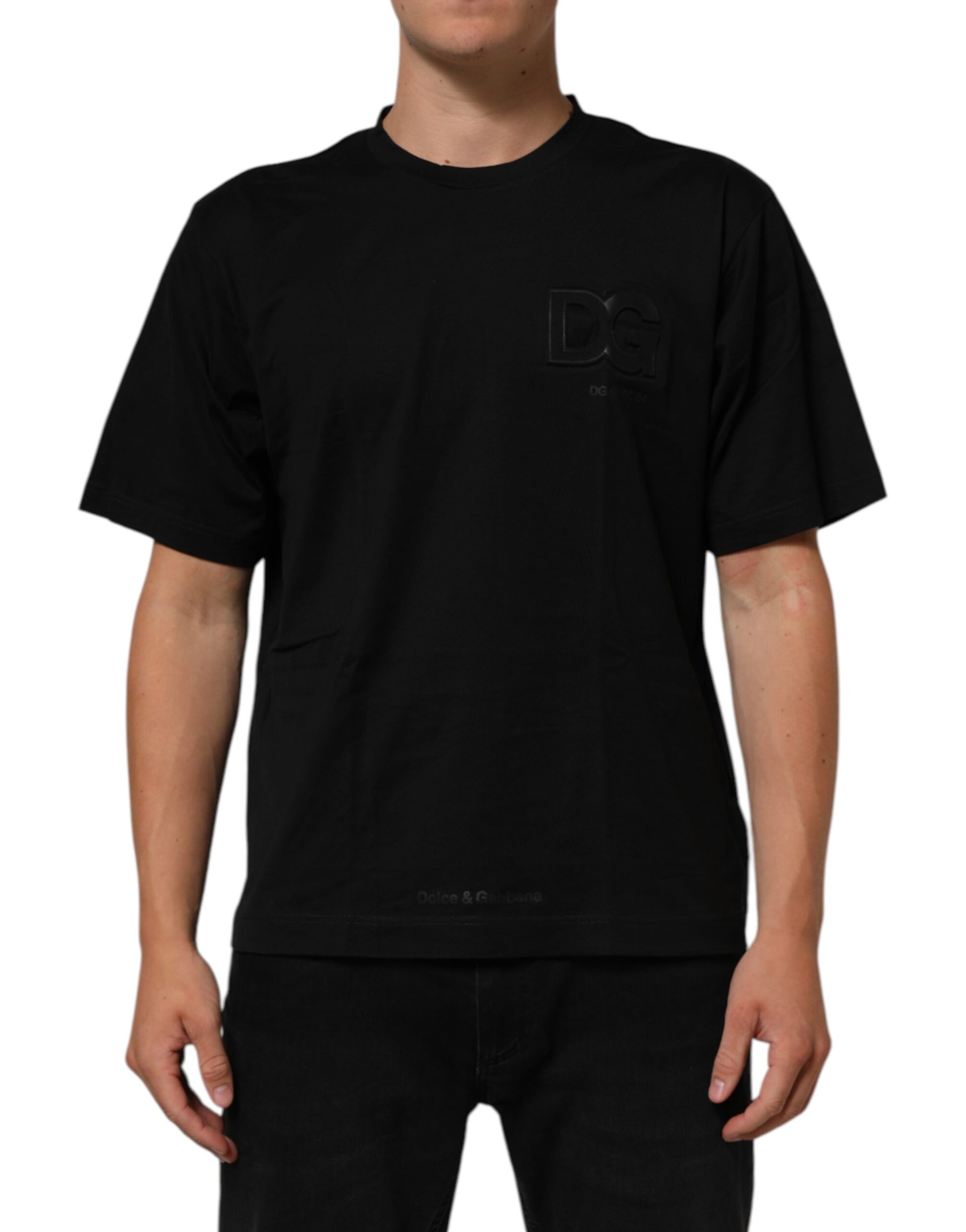 Black crew neck t-shirt with logo patch on front