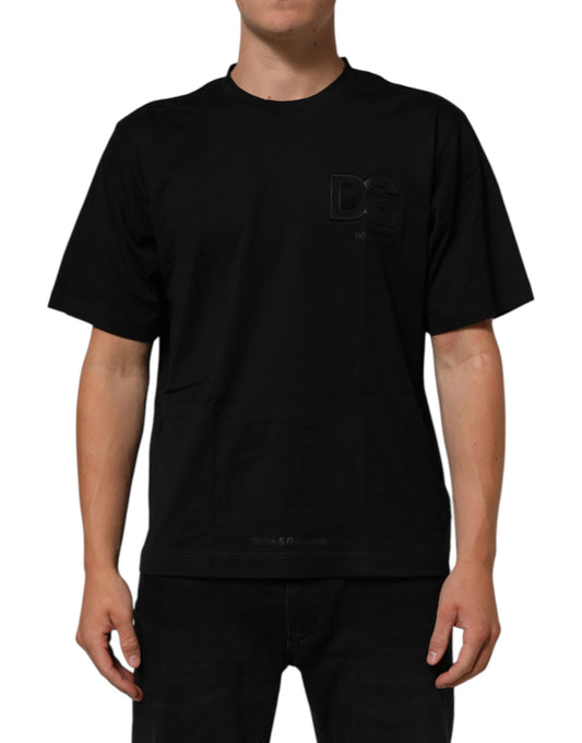 Black crew neck t-shirt with logo patch on front