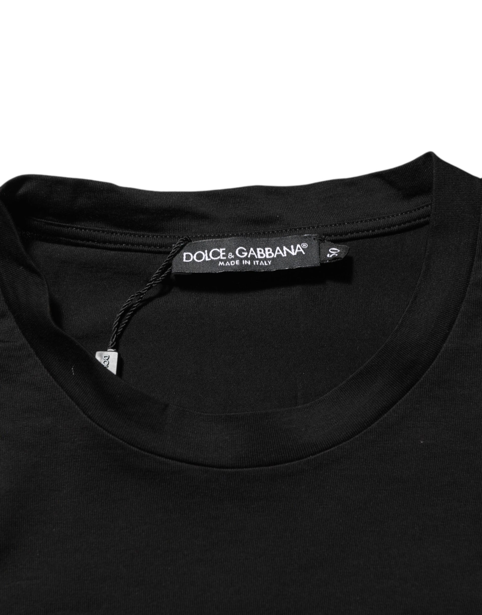 Black cotton crew neck t-shirt with logo patch on collar