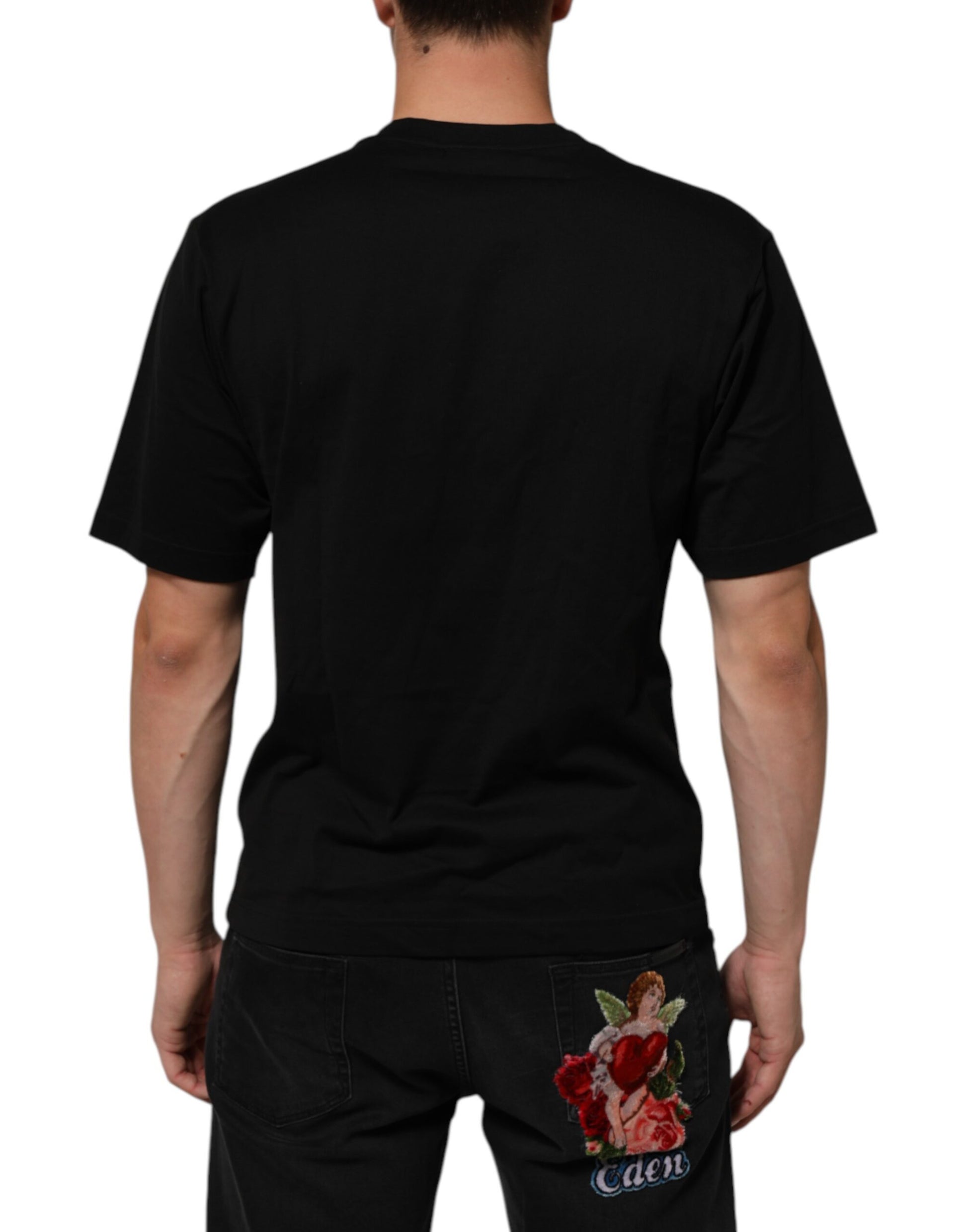 Black t-shirt with floral design on back