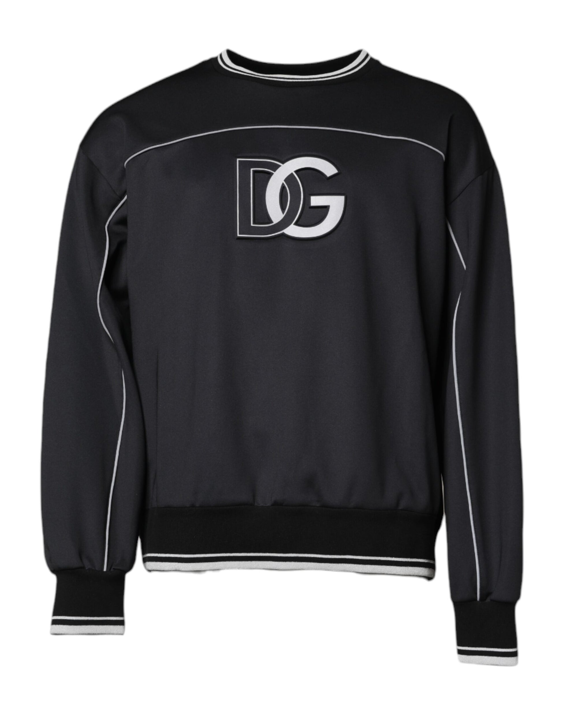 Black sweater with white stripes and logo on back