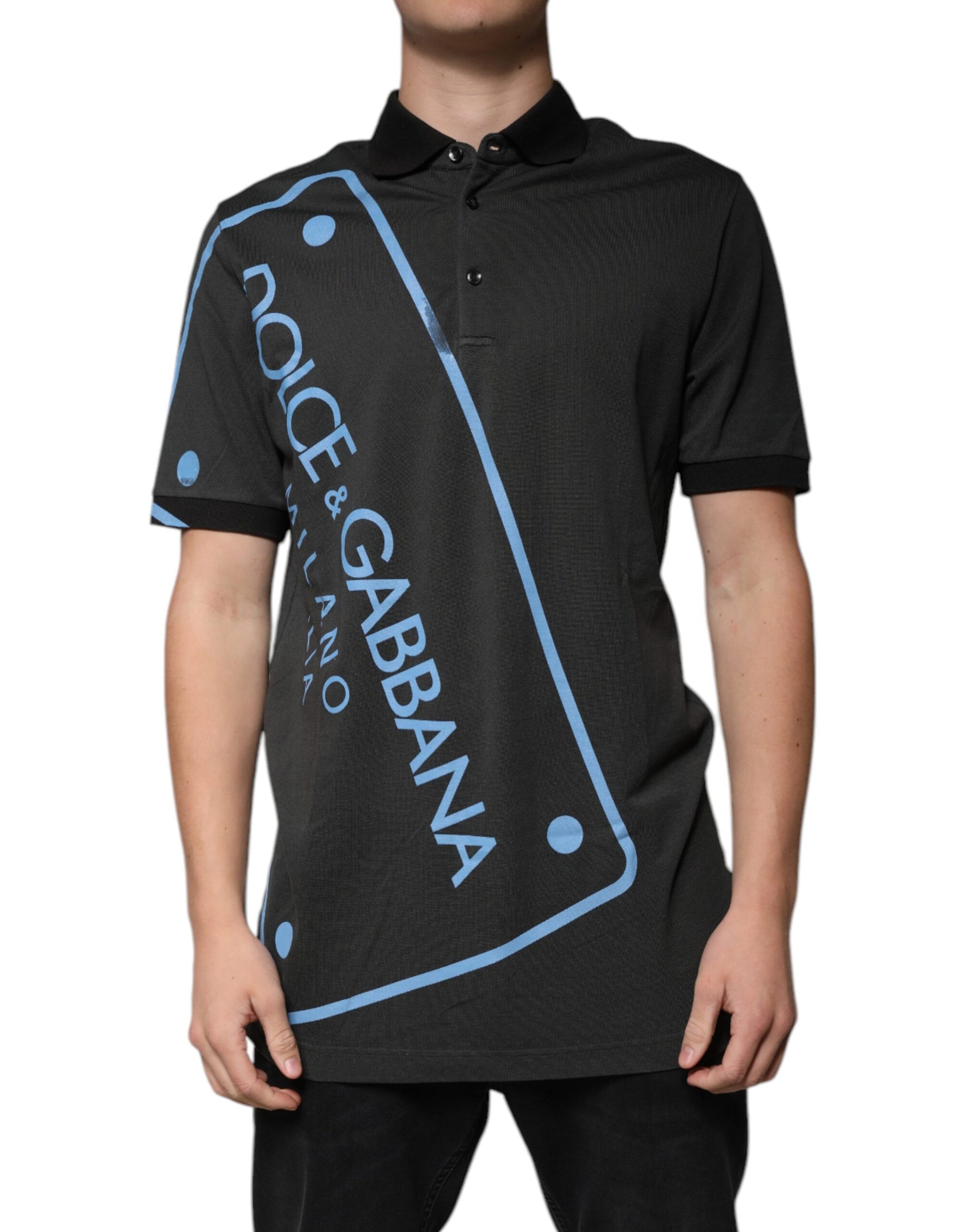 Black polo shirt with blue logo on front