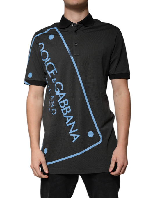 Black polo shirt with blue logo