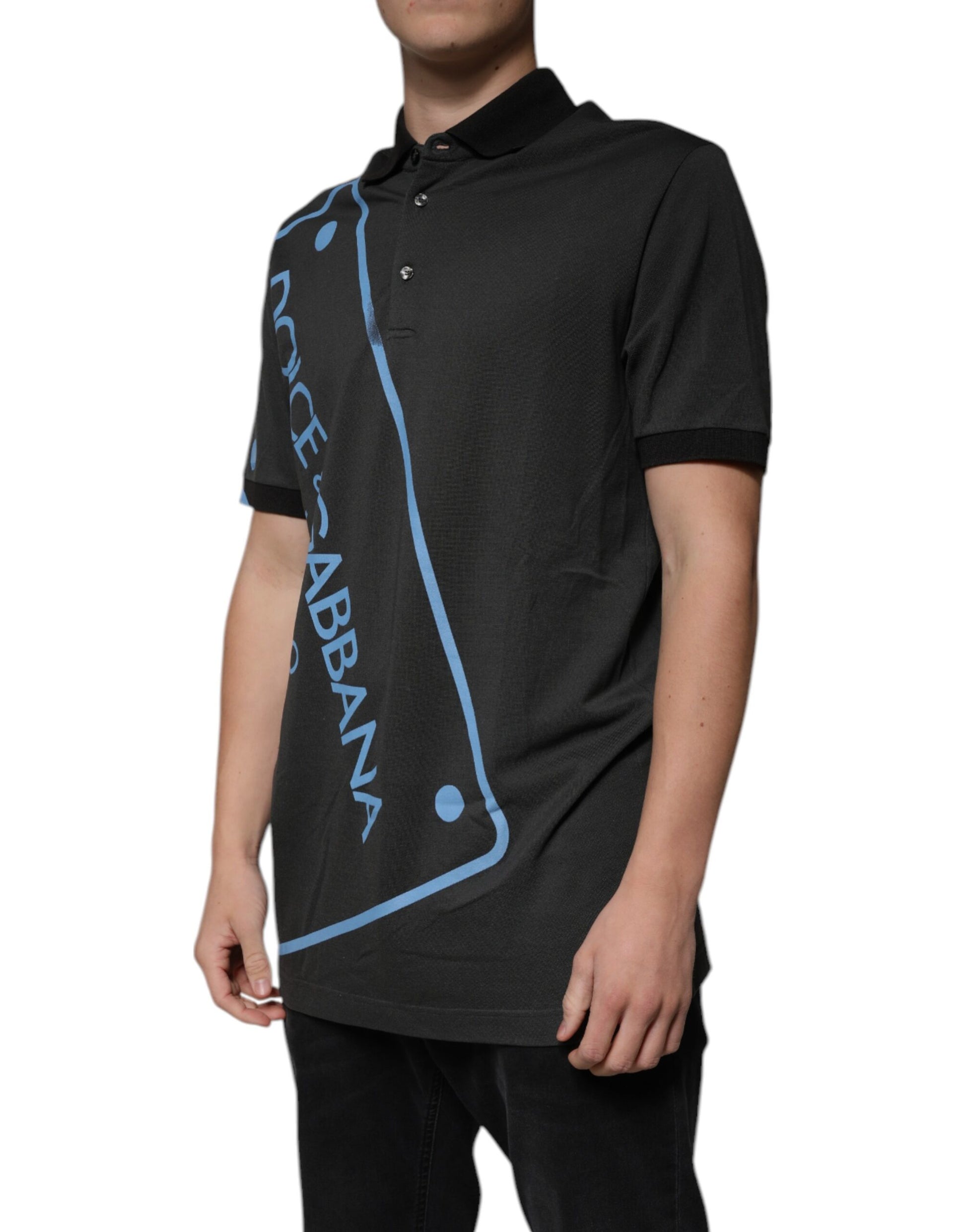 Black polo shirt with blue lettering
