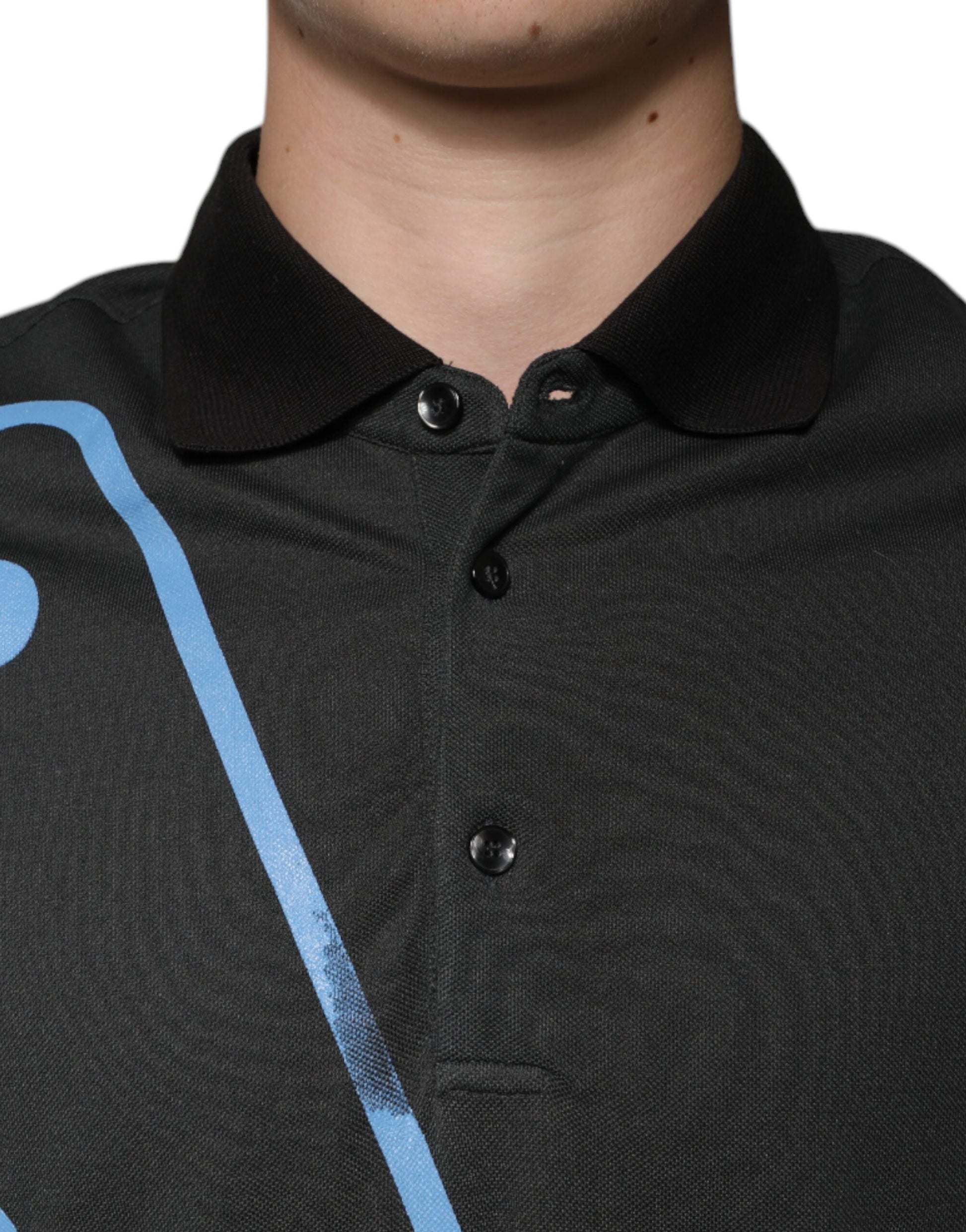 Black polo shirt with blue stripe on collar