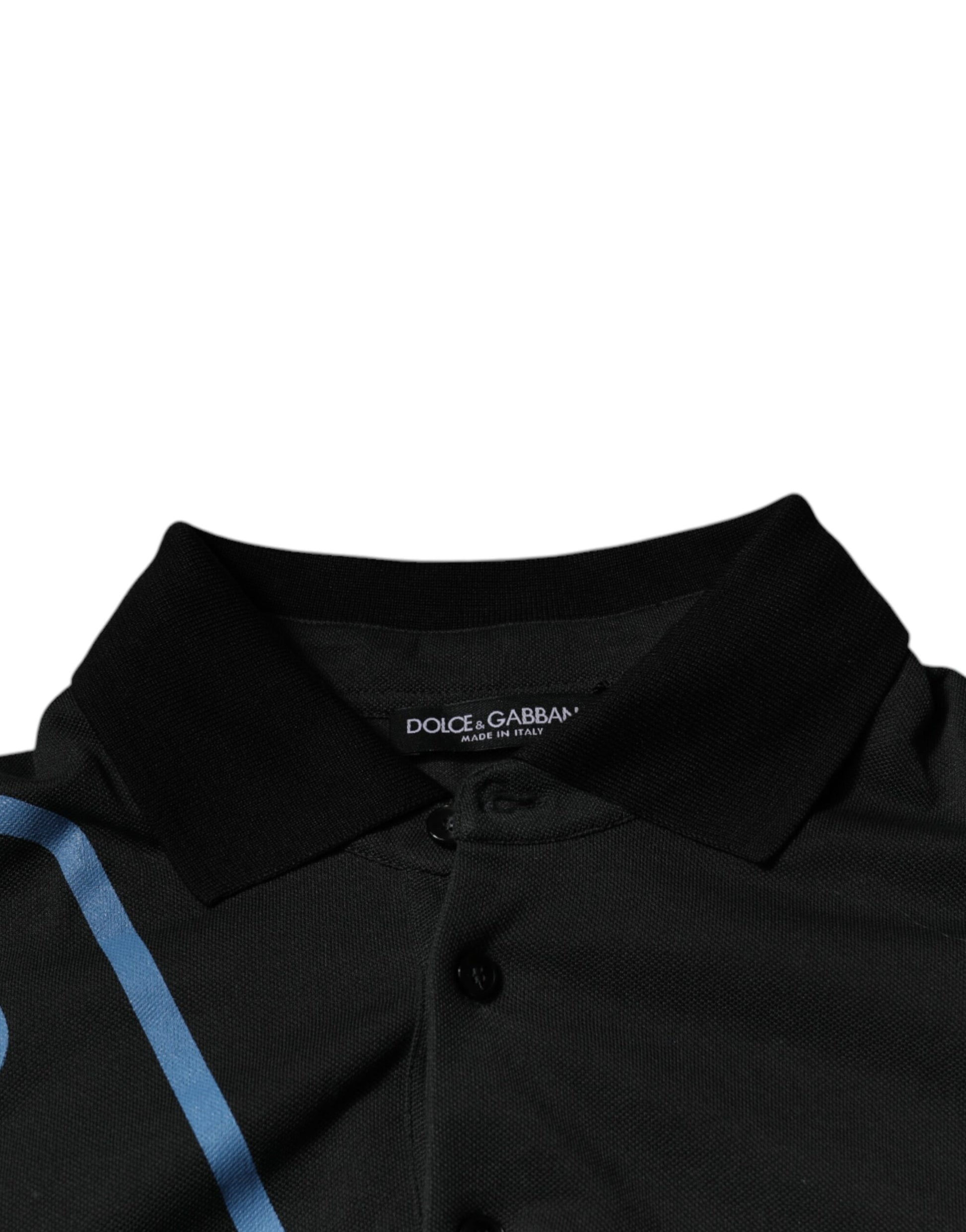 Black polo shirt with blue trim on collar and sleeves