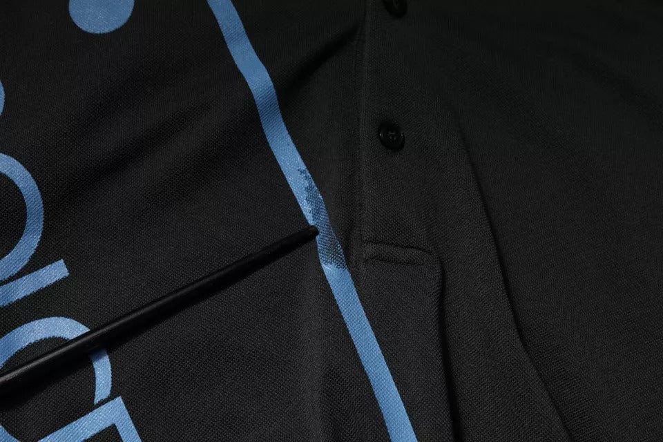 Black shirt with blue lettering