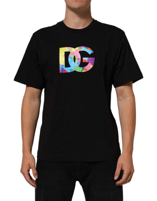 Black t-shirt with colorful logo on front