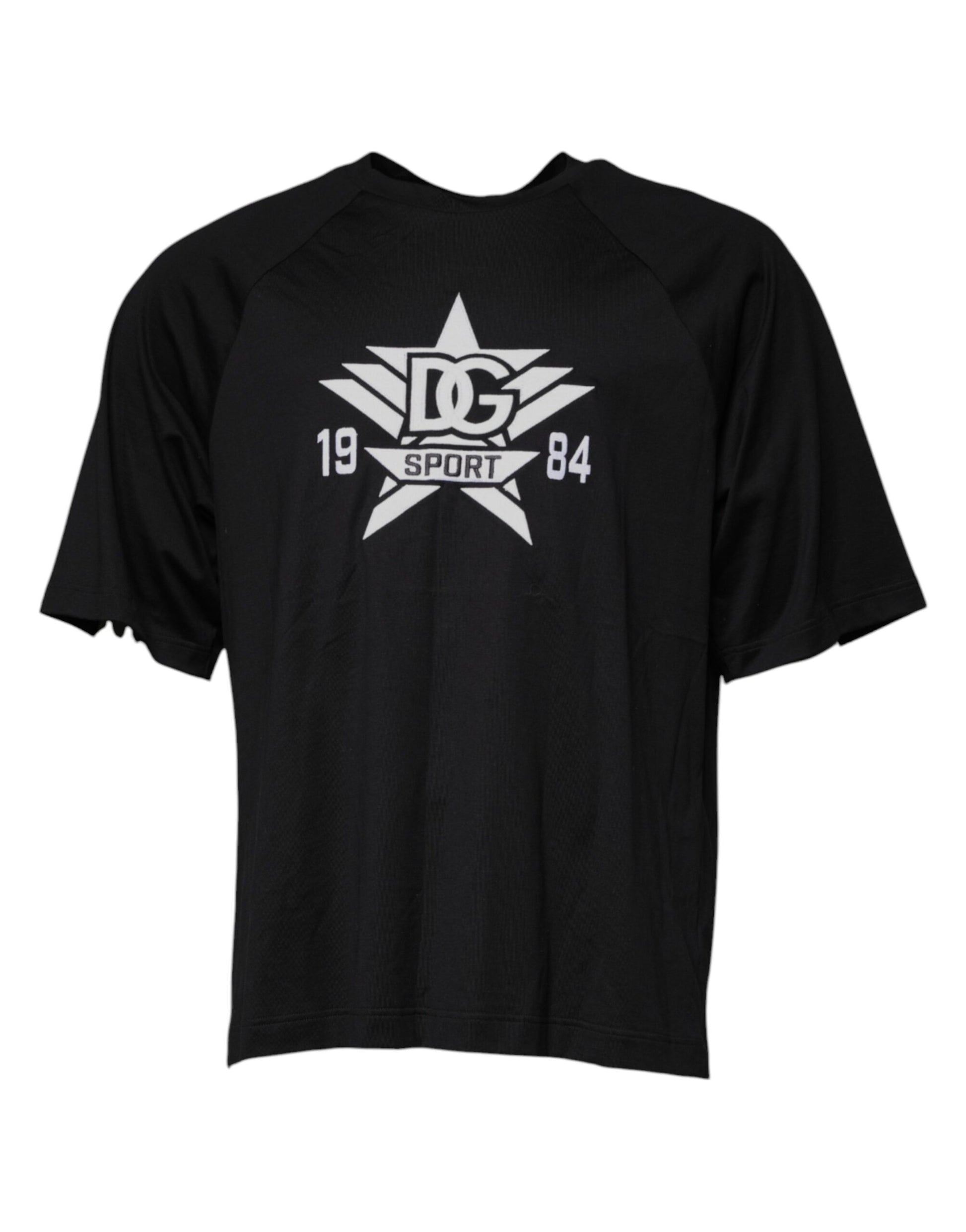 Black t-shirt with white lettering and logo